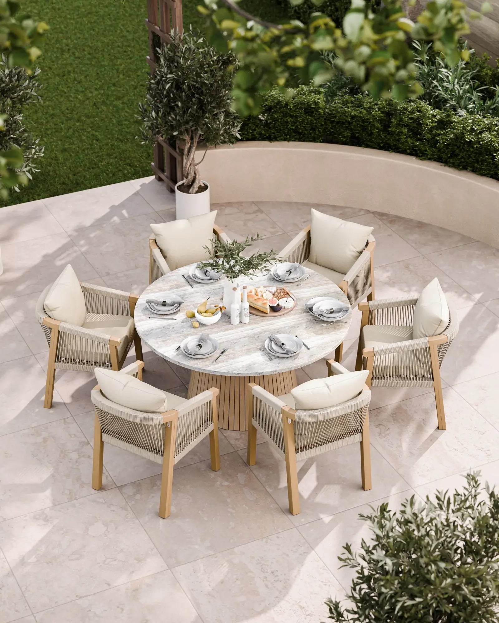 Overhead view of 6-seater round patio dining set in neutral tones