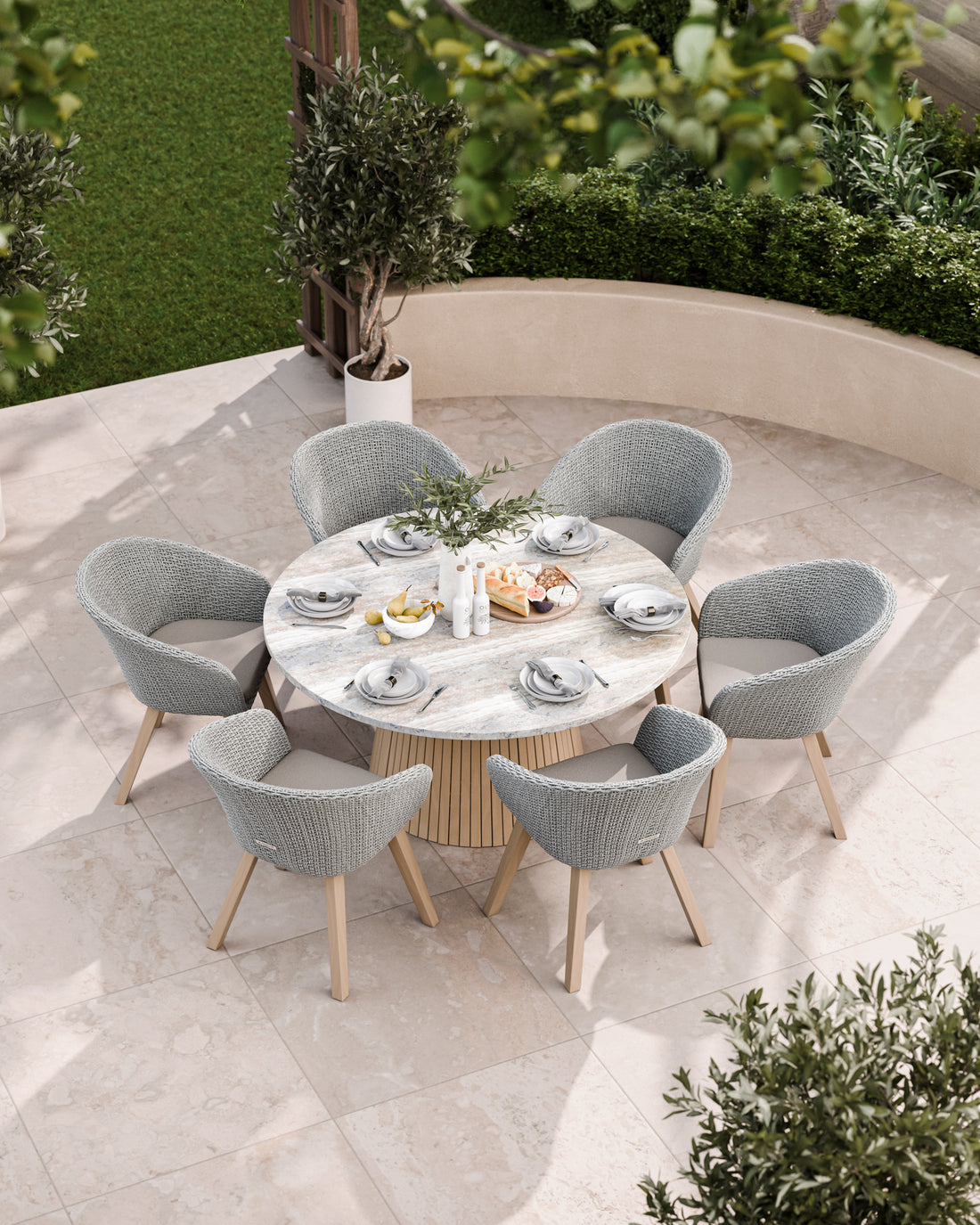 6-seater round patio dining set in neutral colours
