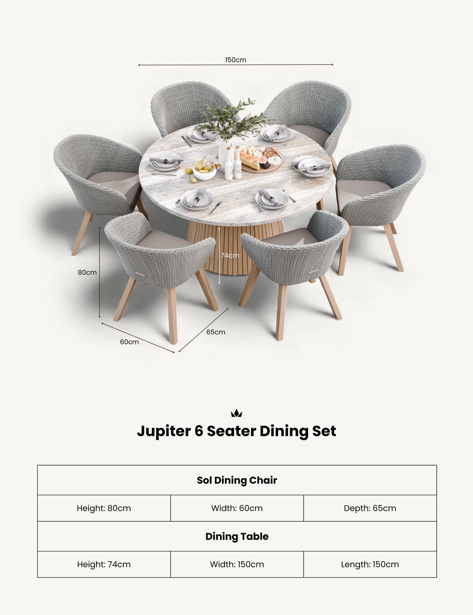 Image of Jupiter 6 Seater Round Conical Dining Set with Sol Dining Chairs