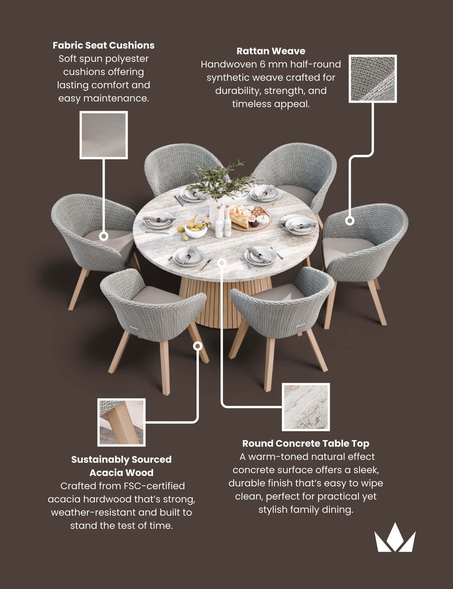 Jupiter 6 Seater Round Conical Dining Set with Sol Dining Chairs