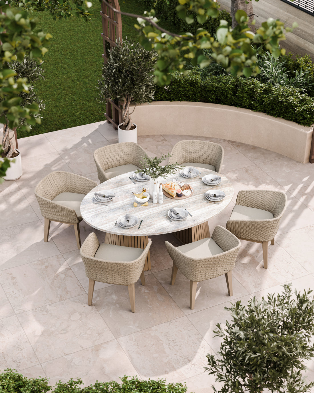 Round 6-seater garden dining set with cushioned chairs