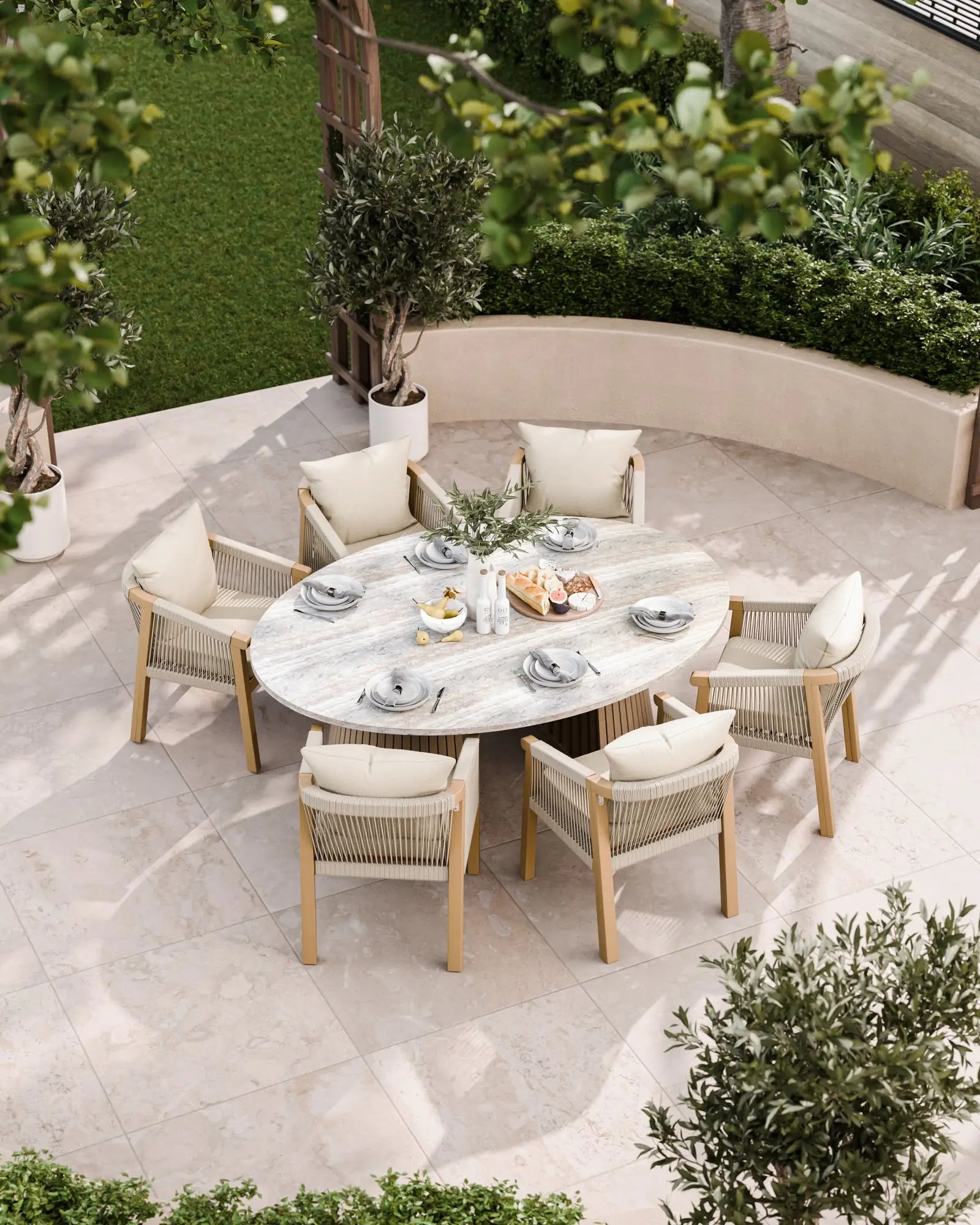 6‚Äö√Ñ√´seater round patio dining set, aerial view