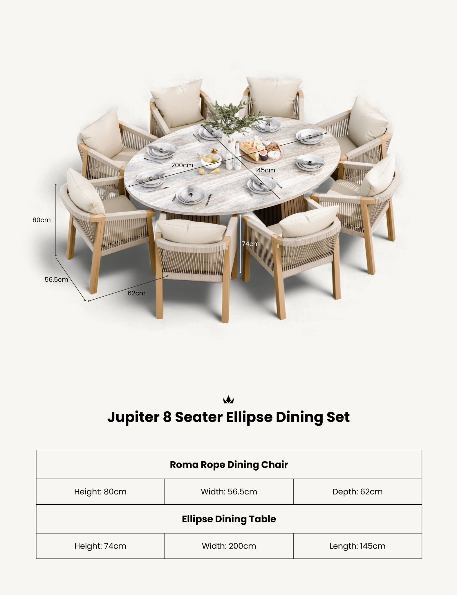 Jupiter 8 Seater Ellipse D Conical Dining Set with Roma Dining Chairs