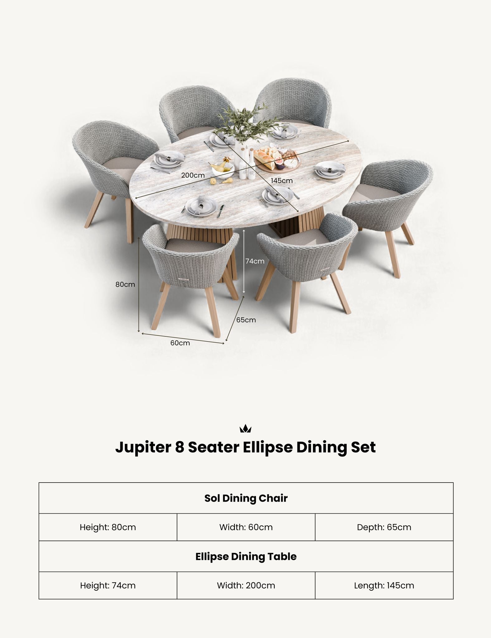 Jupiter 8 Seater Ellipse D Conical Dining Set with Sol Dining Chairs
