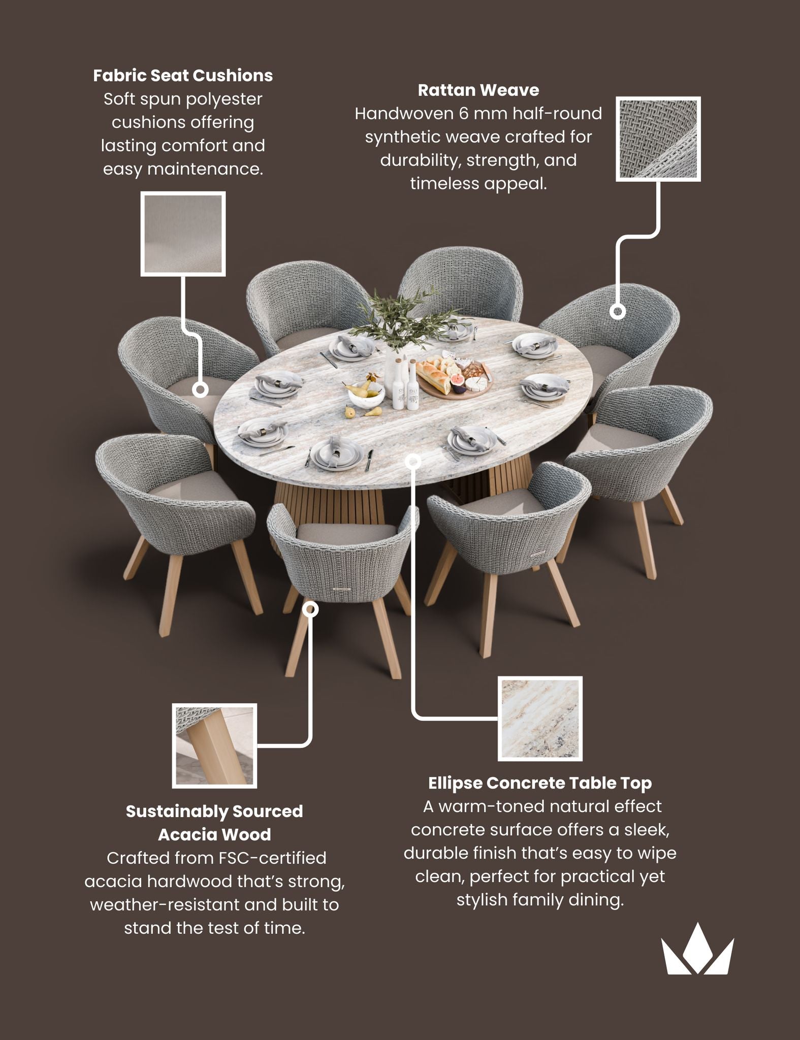 Image of Jupiter 8 Seater Ellipse D Conical Dining Set with Sol Dining Chairs