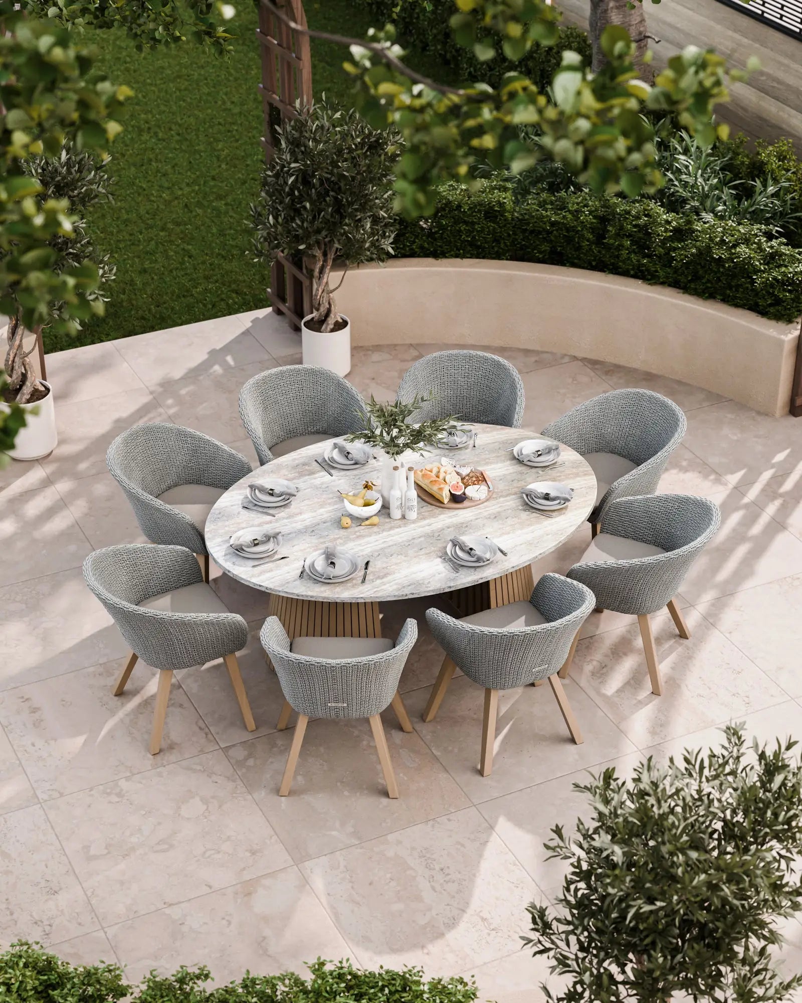 Top view of large circular patio dining set with soft cushioned seating