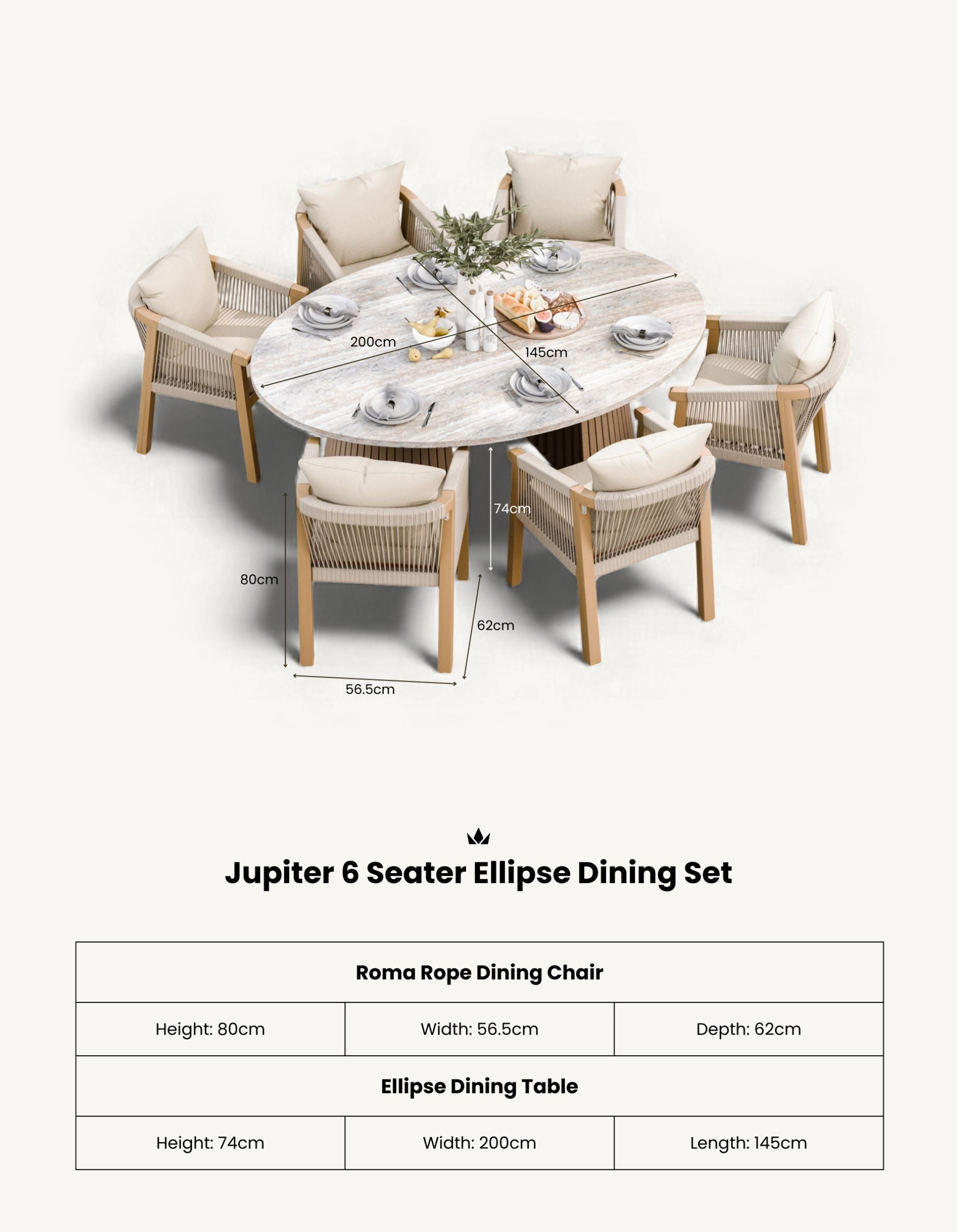 Jupiter 6 Seater Ellipse D Conical Dining Set with Roma Dining Chairs