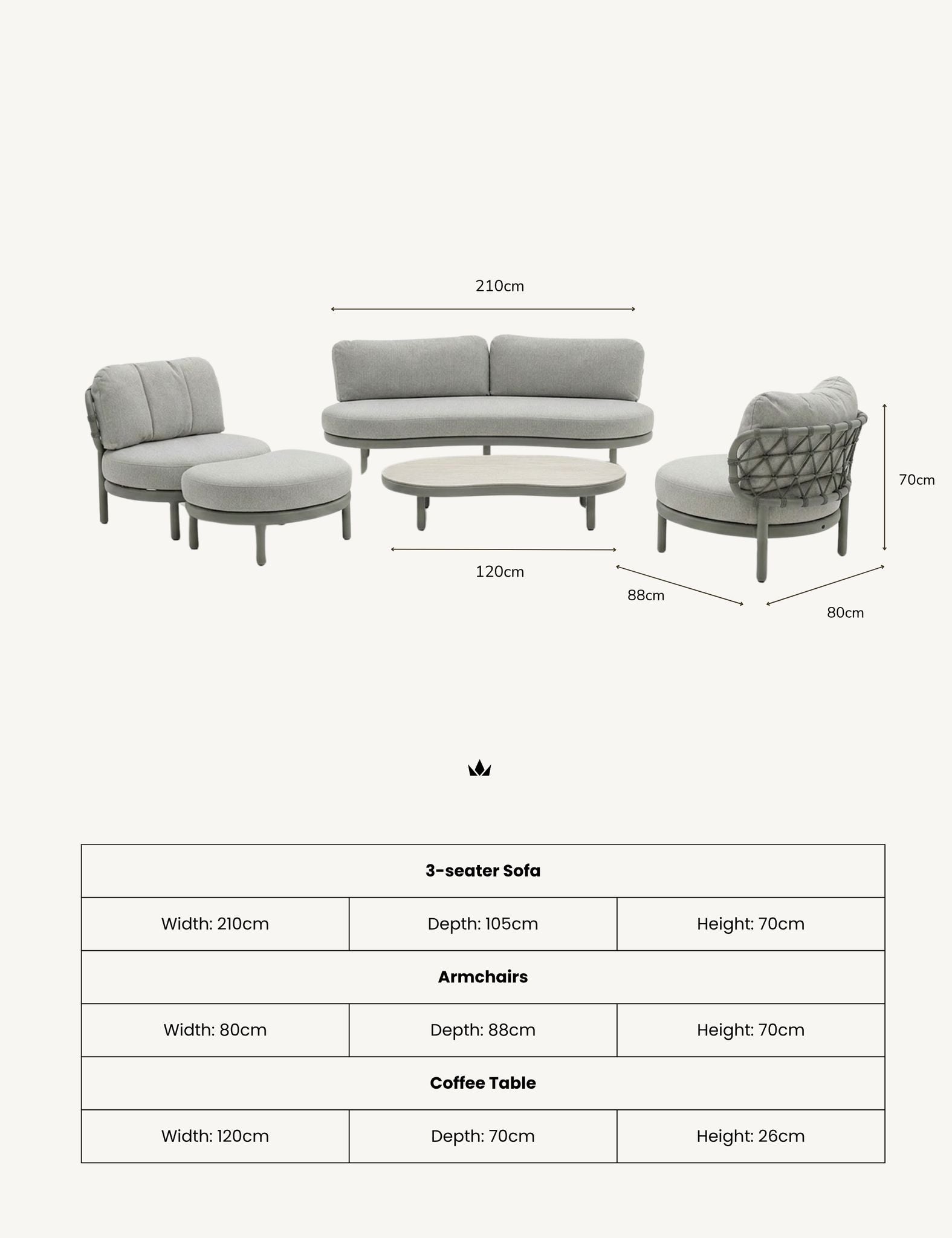 Image of Gray outdoor furniture set with dimensions on a white background