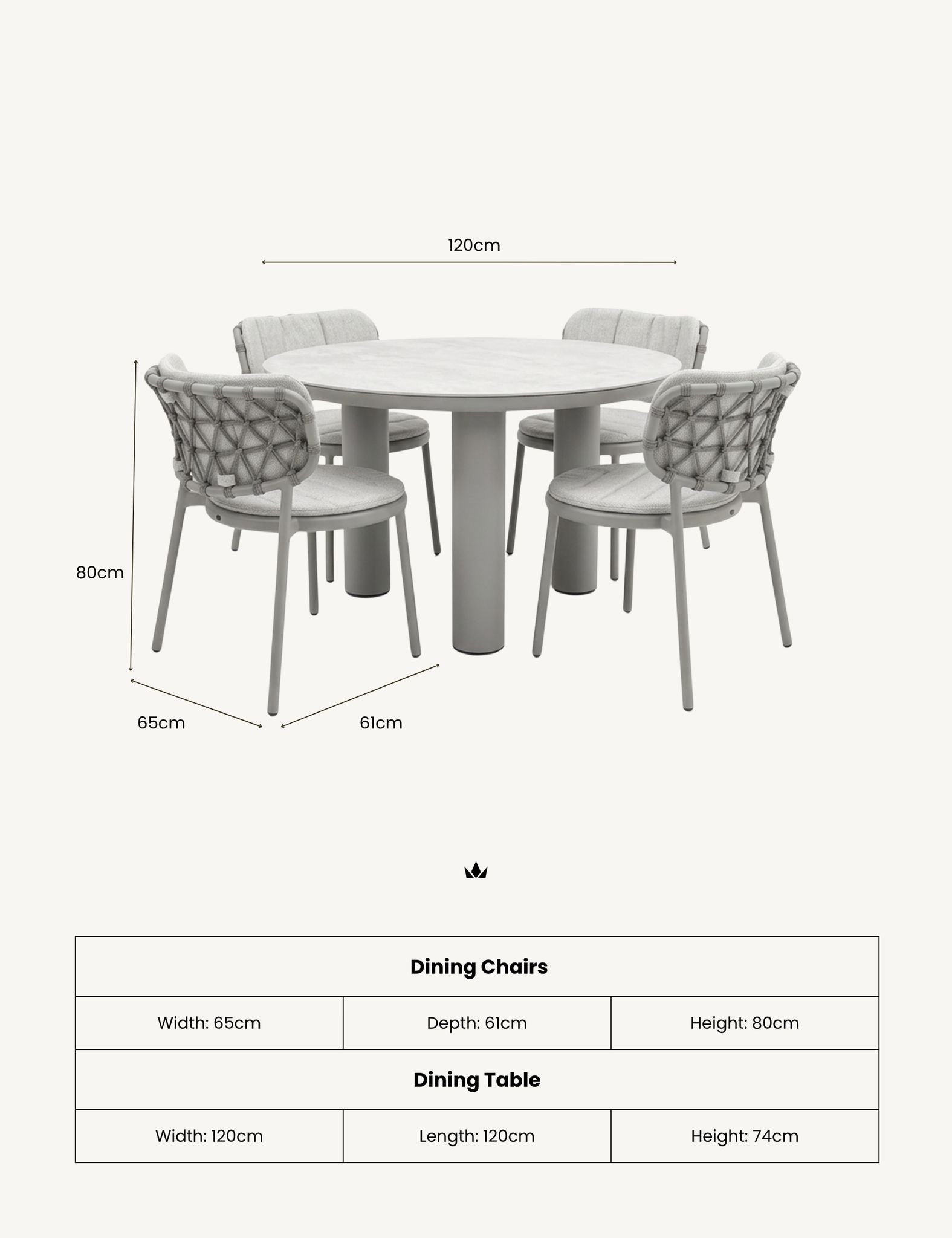 Image of Dining set dimensions diagram showing a round white dining table with six gray upholstered chairs, labeled with overall measurements and a table of individual chair and table dimensions below on a light gray background.