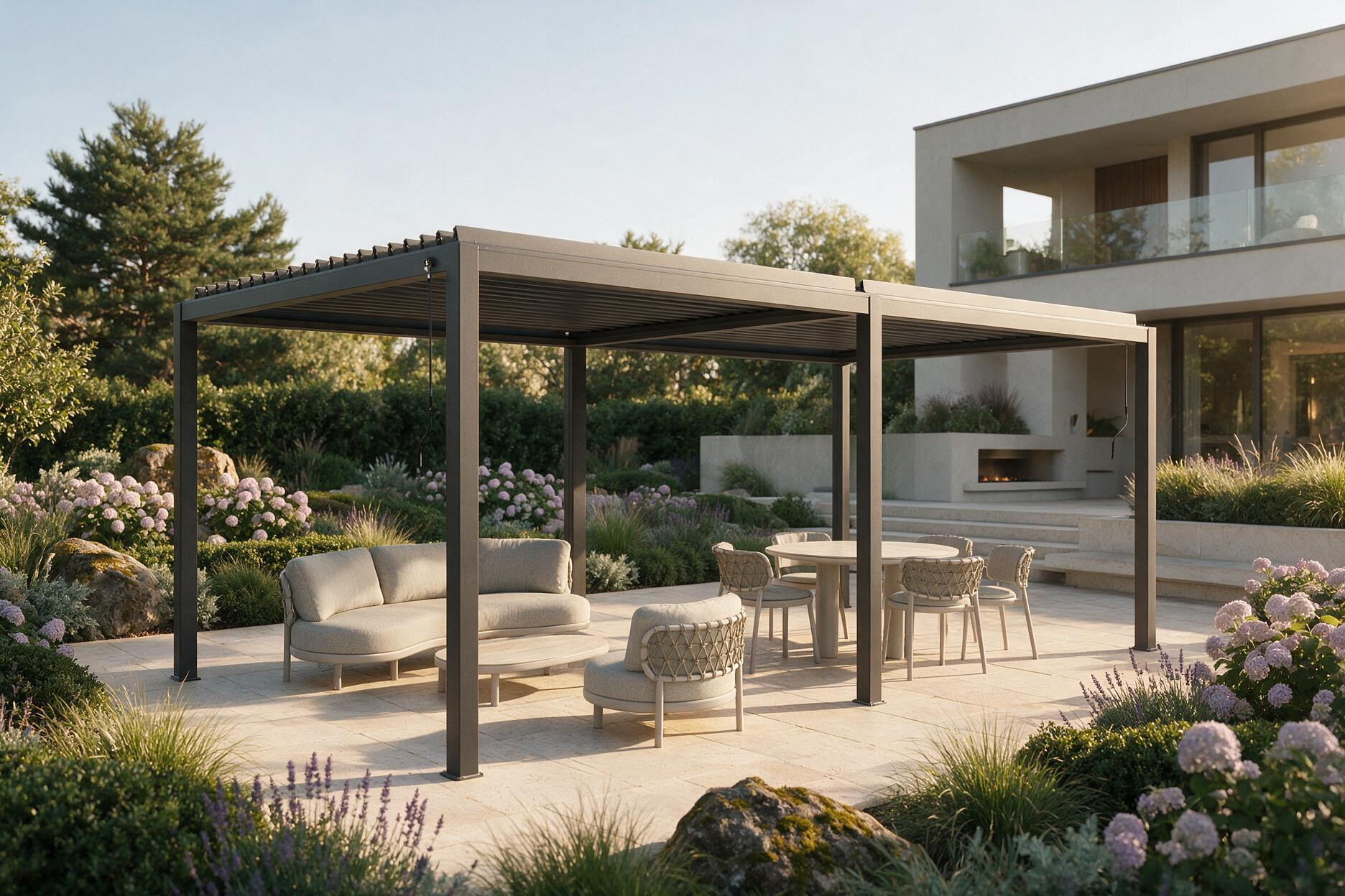 A modern outdoor patio pergola with a slatted roof shade, furnished with a light beige sofa, two armchairs, and a dining set. The pergola is situated on a paved patio in a landscaped garden with pink flowers, greenery, and a contemporary house in the background.