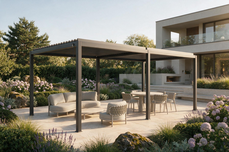A modern outdoor patio pergola with a slatted roof shade, furnished with a light beige sofa, two armchairs, and a dining set. The pergola is situated on a paved patio in a landscaped garden with pink flowers, greenery, and a contemporary house in the background.