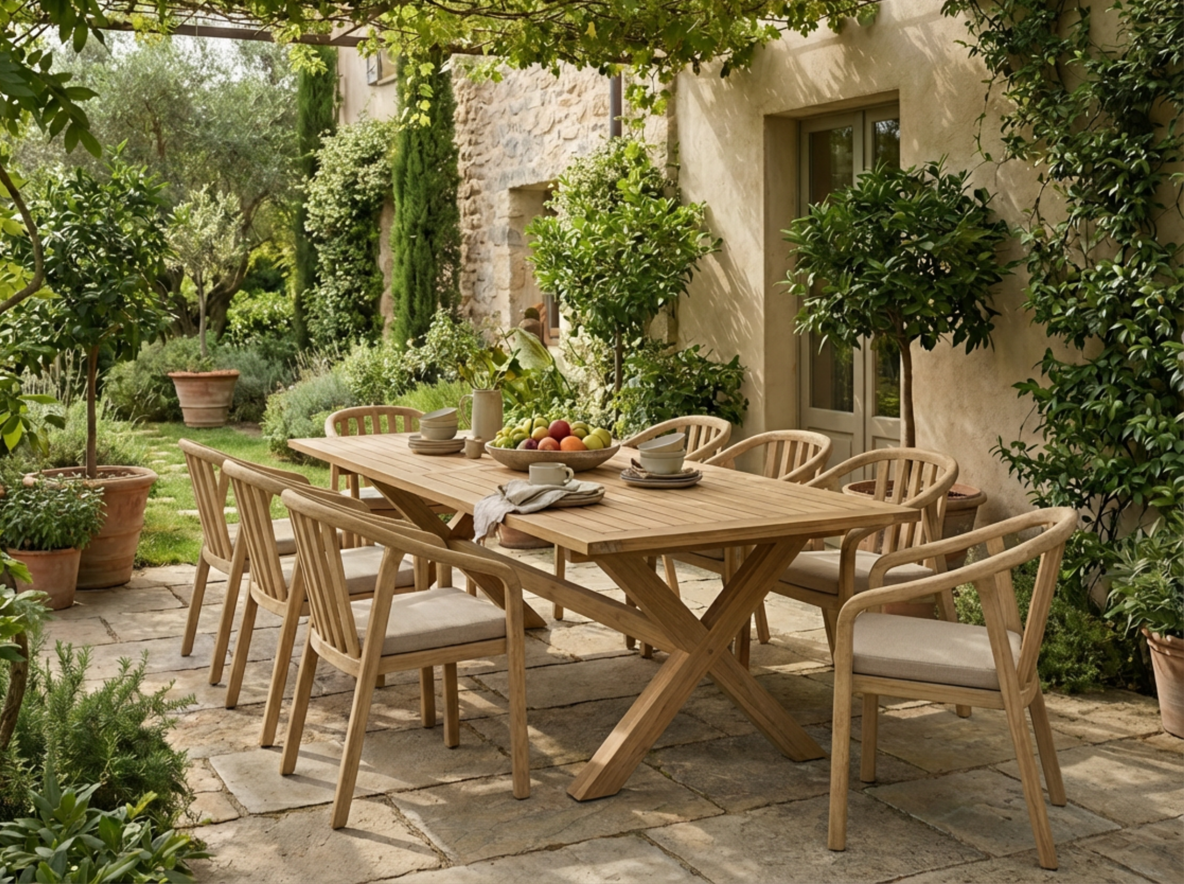 Image of Wooden outdoor dining set with table and chairs in a garden setting.