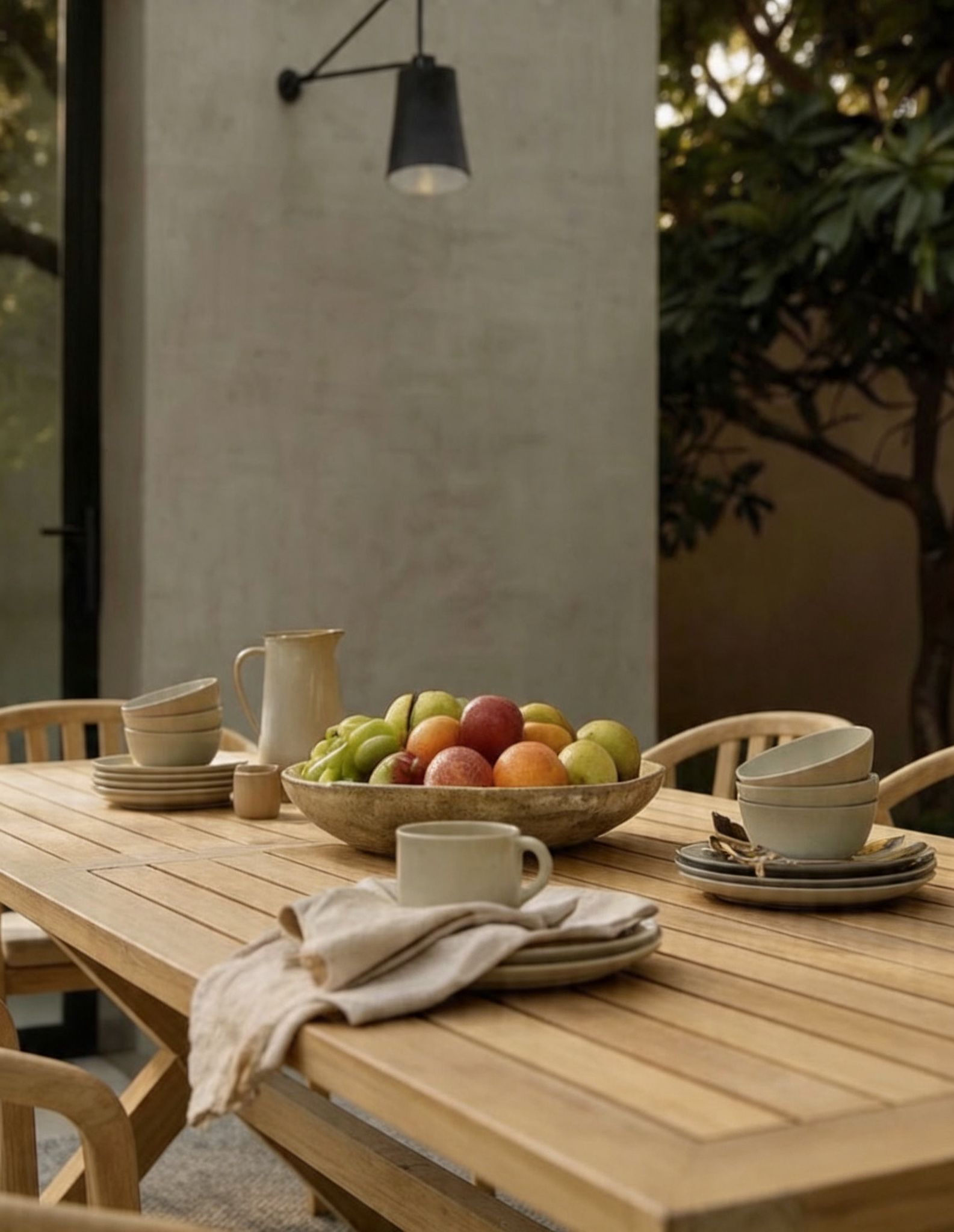 Image of Outdoor dining table set with beige ceramic bowls, stacked plates, a white mug, a folded cream cloth, a rustic bowl of fruit, and a small pitcher in a patio dining setting.