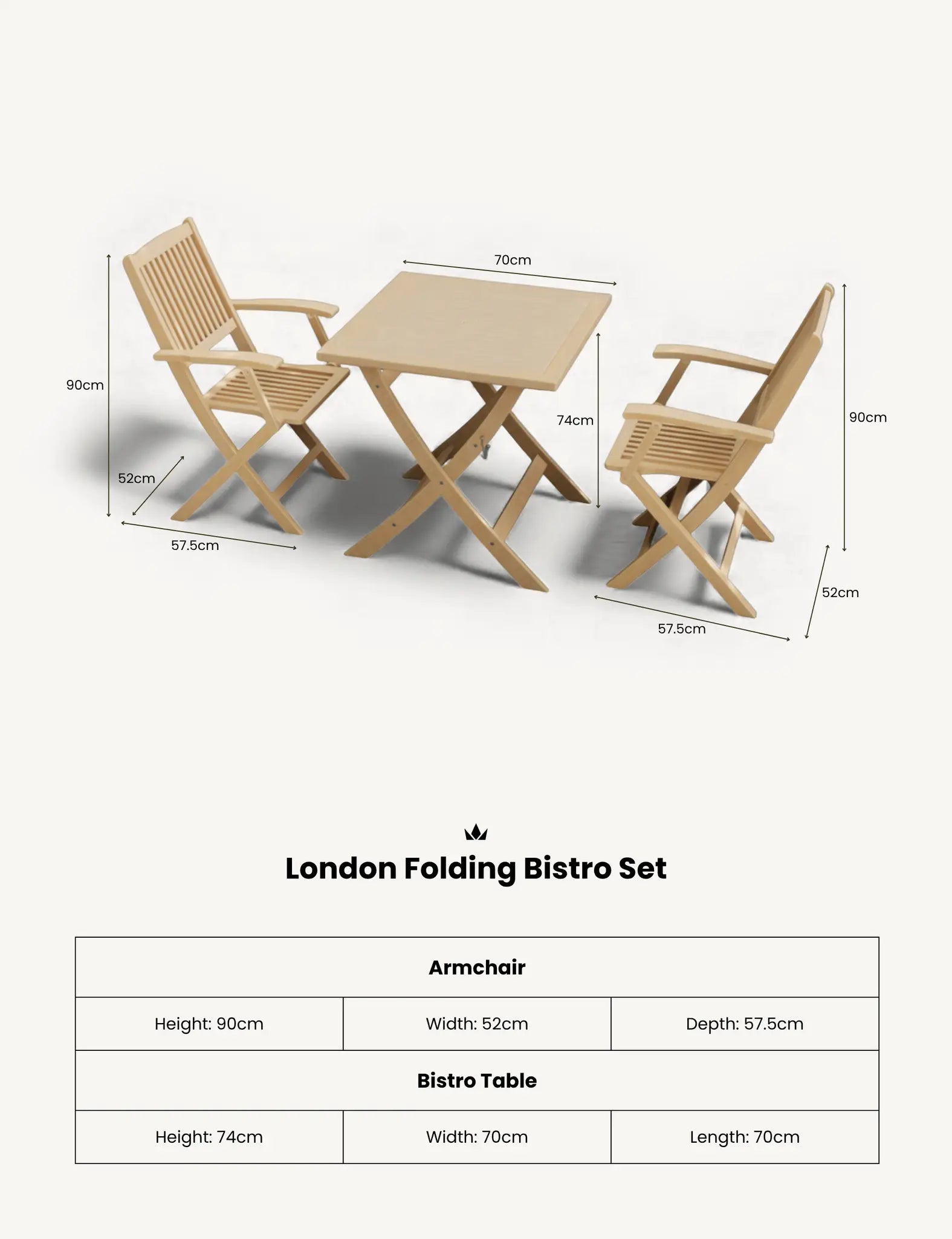 Image of London 2 Seater Square Folding Bistro Set with London Folding Armchairs