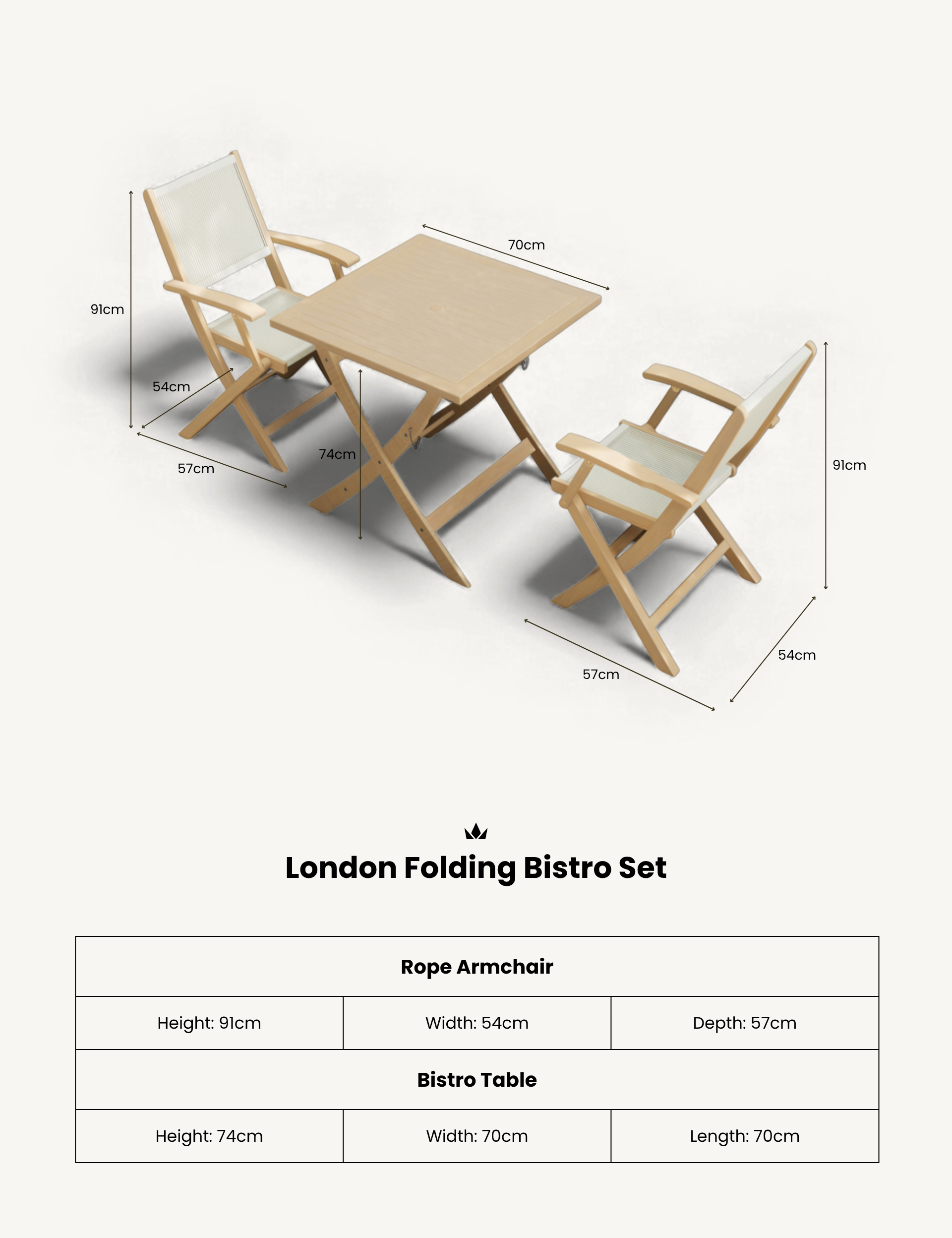 London 2 Seater Square Folding Bistro Set with London Rope Folding Armchairs