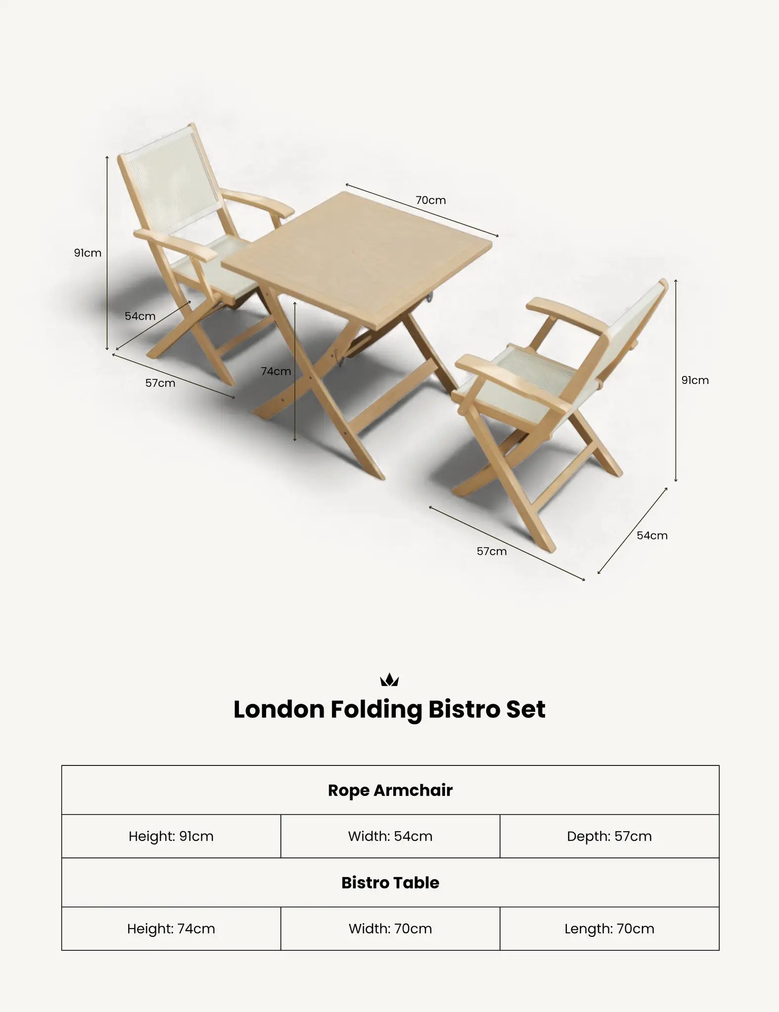 Image of London 2 Seater Square Folding Bistro Set with London Rope Folding Armchairs