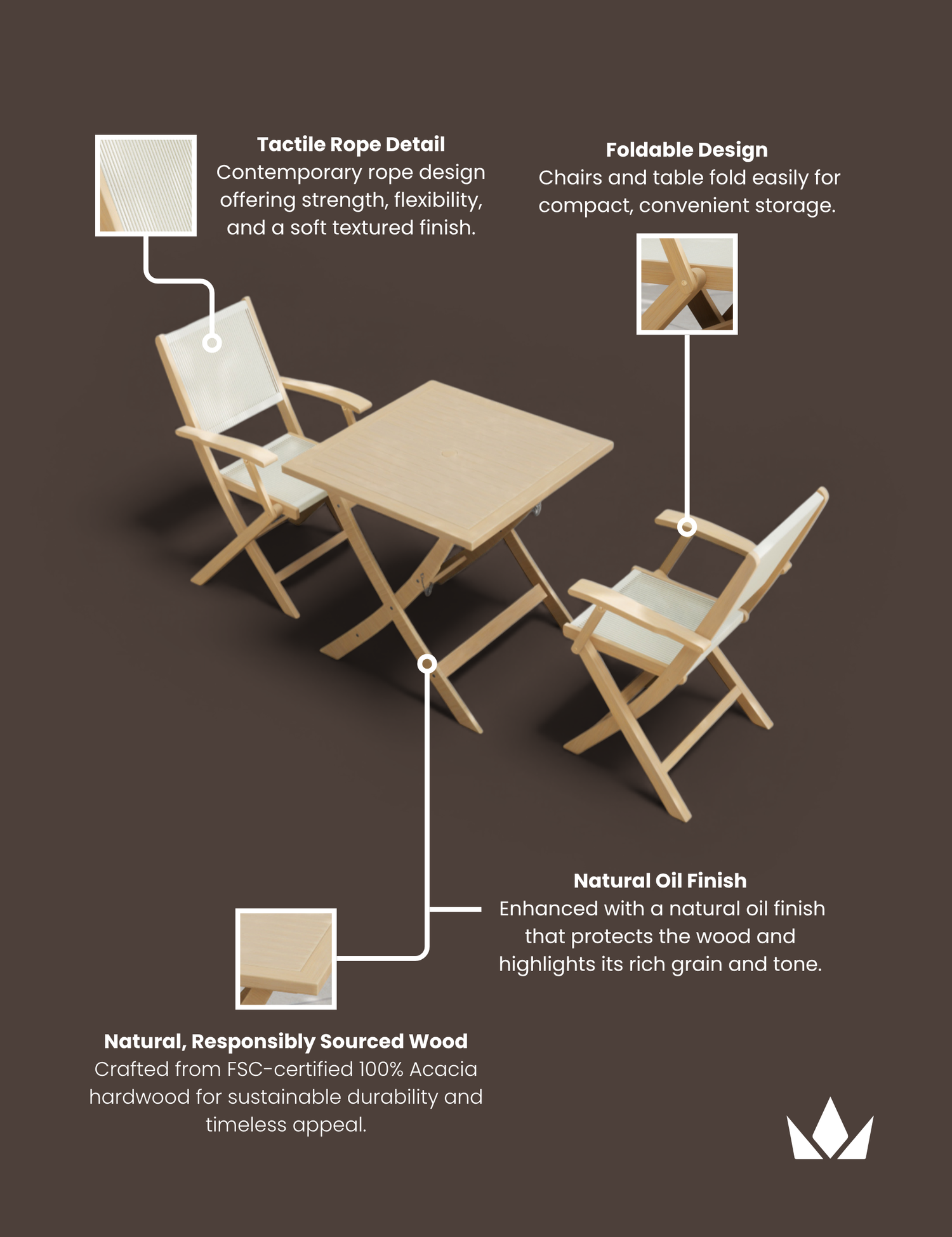 London 2 Seater Square Folding Bistro Set with London Rope Folding Armchairs