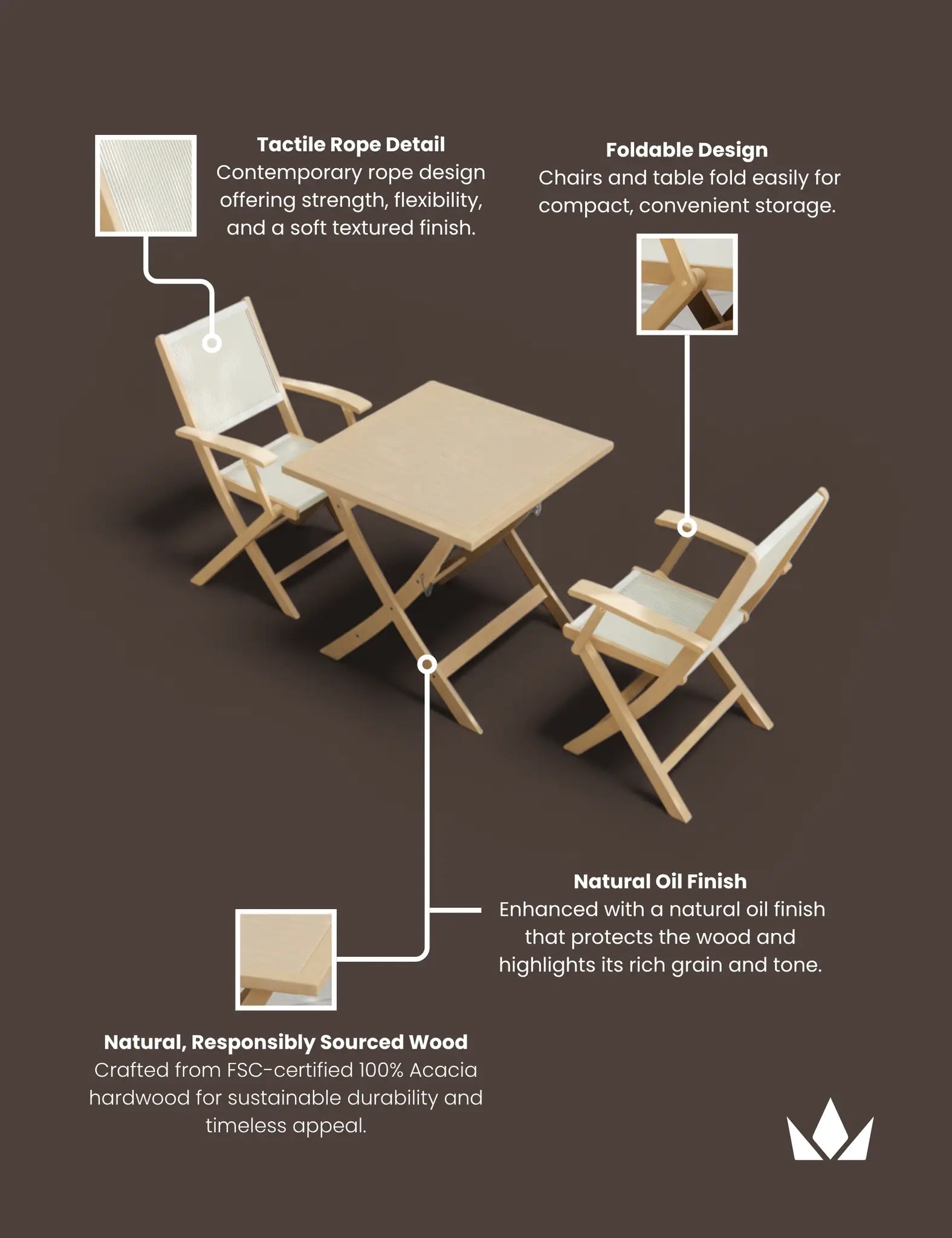 London 2 Seater Square Folding Bistro Set with London Rope Folding Armchairs