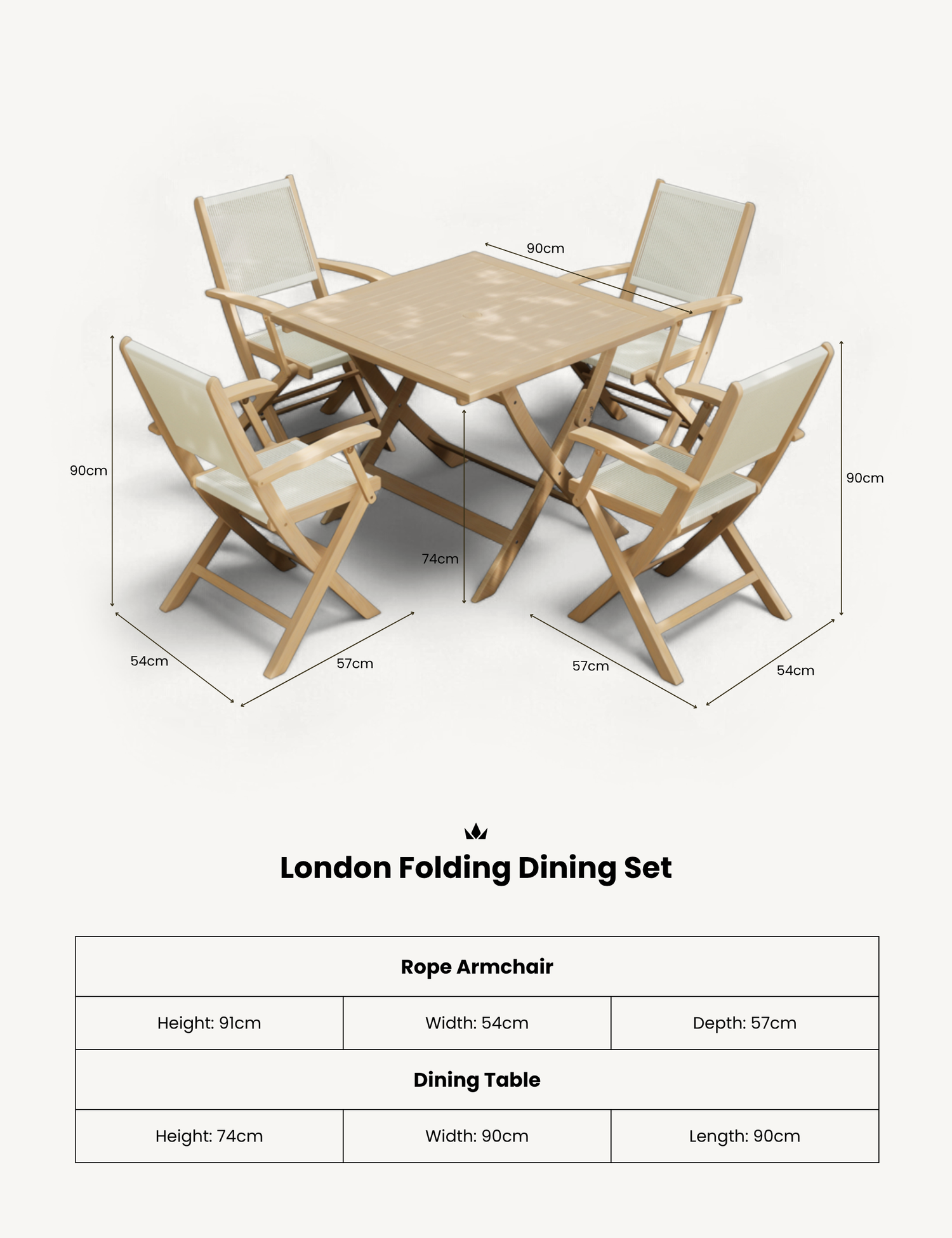 London 4 Seater Square Folding Set with London Rope Folding Armchairs