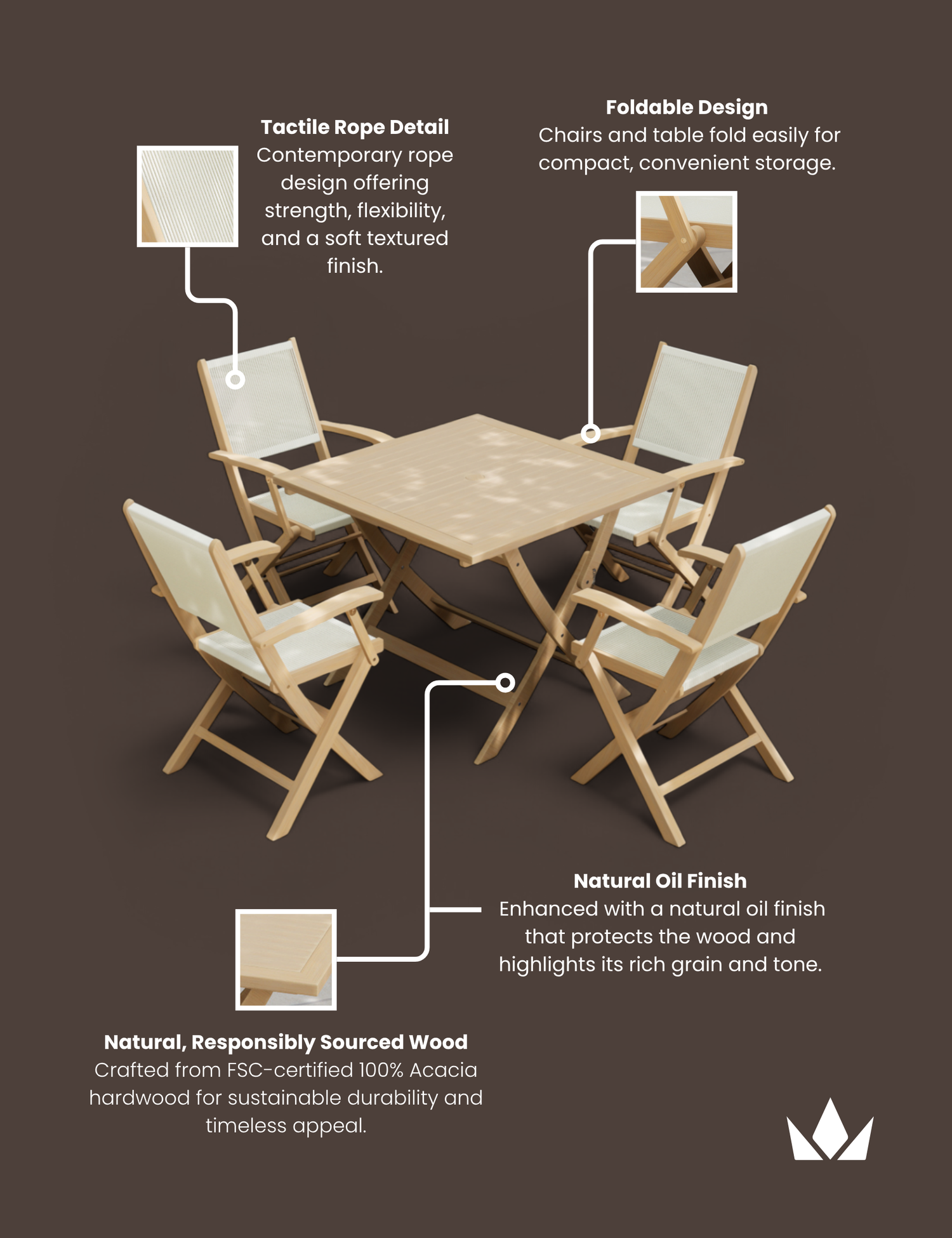 London 4 Seater Square Folding Set with London Rope Folding Armchairs