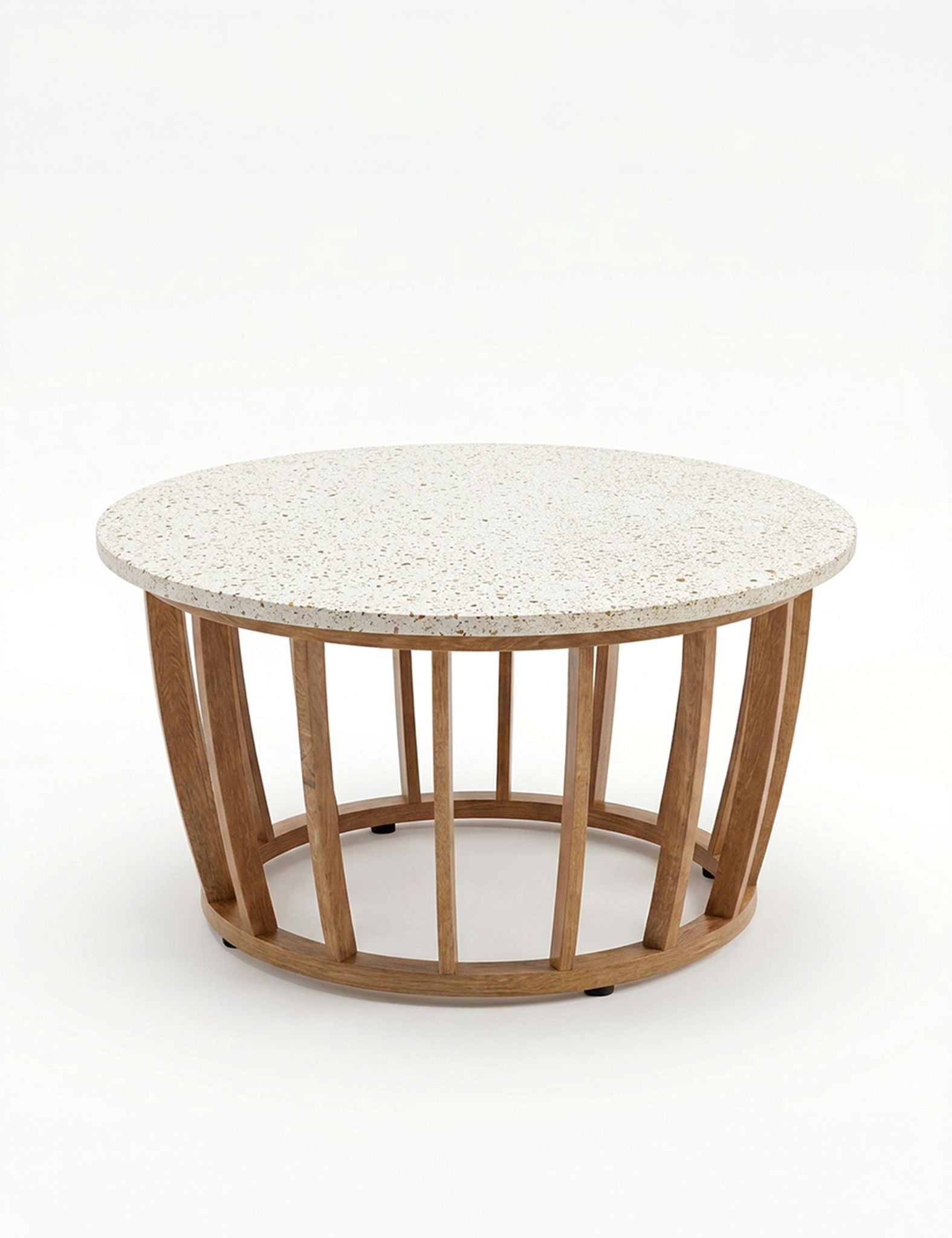 Image of Round coffee table with marble top and wooden base on a white background