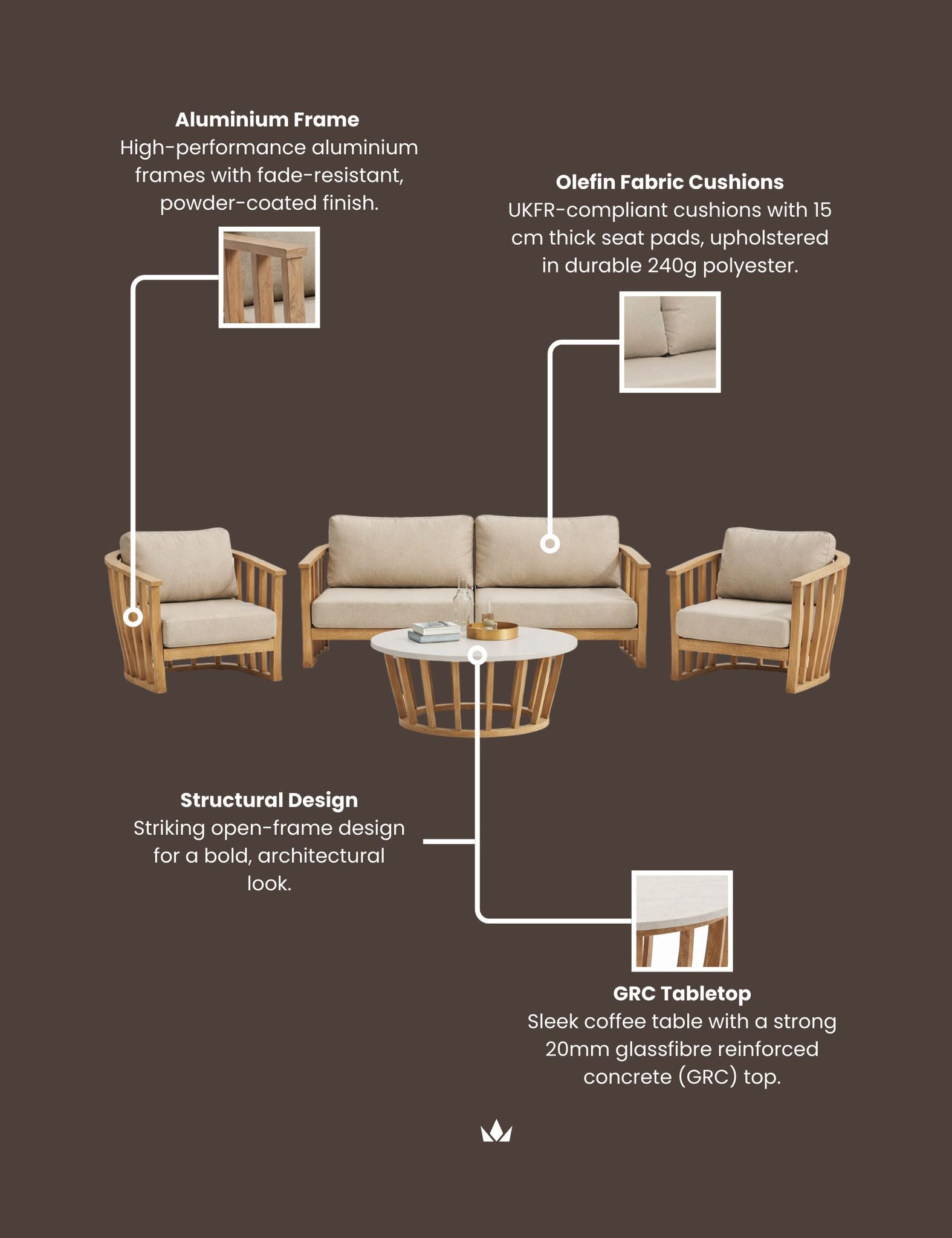 Image of LUCCA 5-Seater Teak-Effect Aluminium Lounging Set with Coffee Table