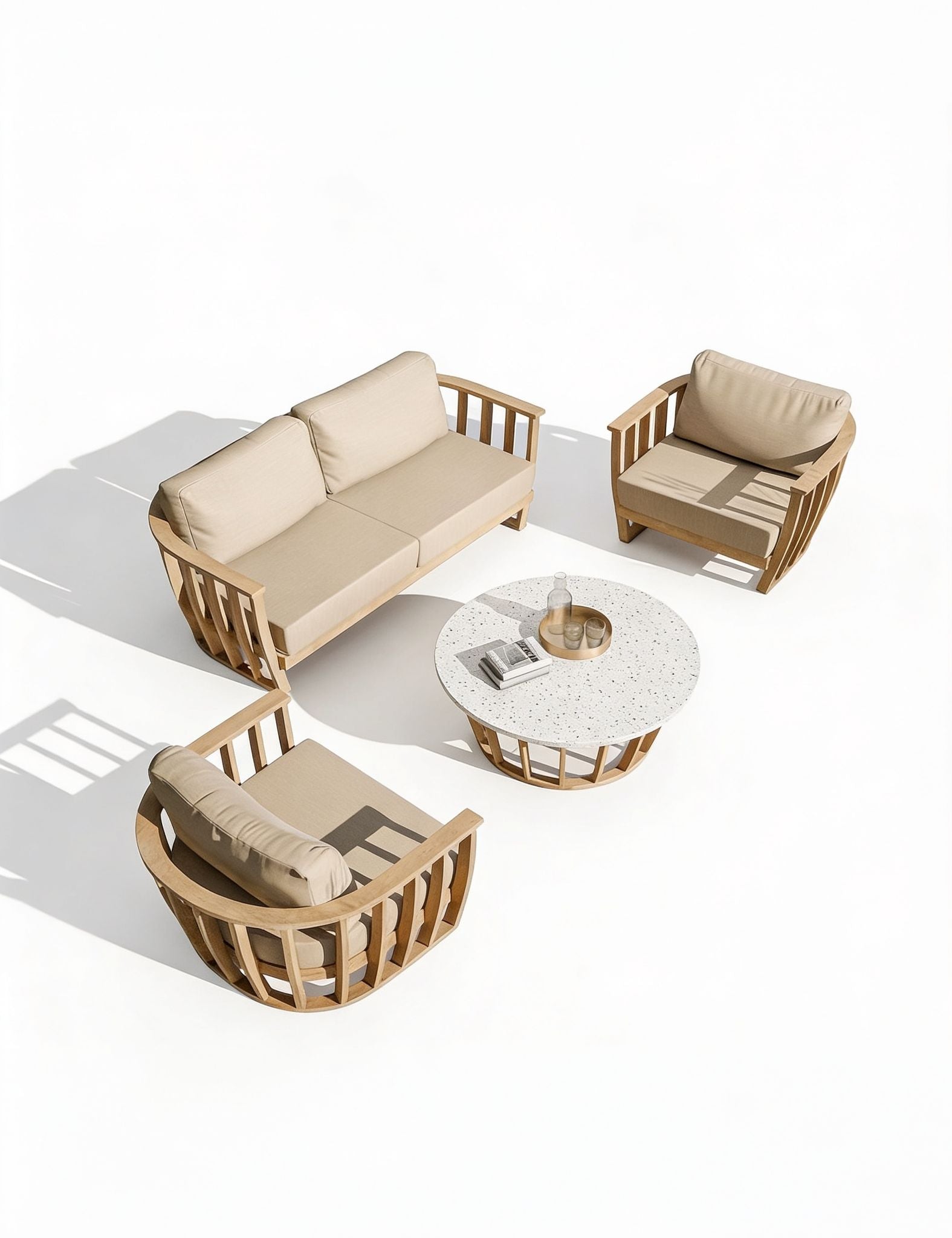 Image of Outdoor furniture set with beige cushions on a white background
