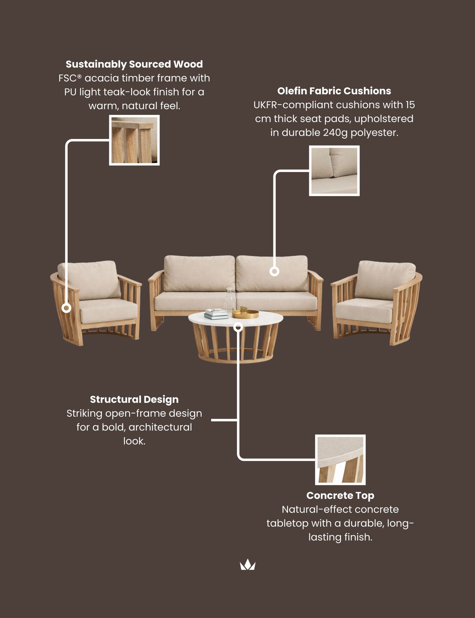 Image of LUCCA 5-Seater Wood Lounging Set with Coffee Table