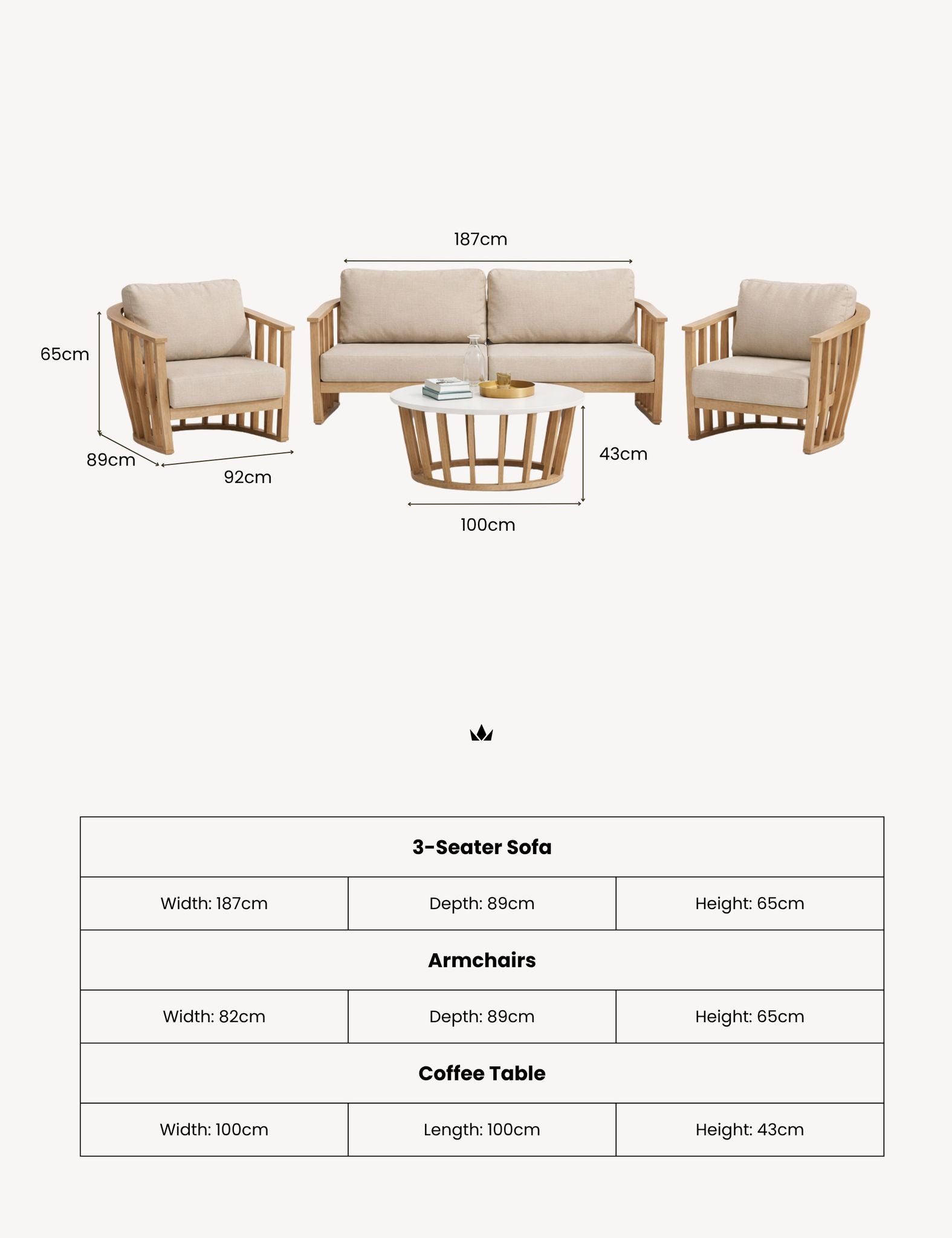 Image of Outdoor patio furniture set dimensions diagram showing a 3-seater sofa, two armchairs, and a coffee table with labeled measurements, plus a summary table below on a light gray background.