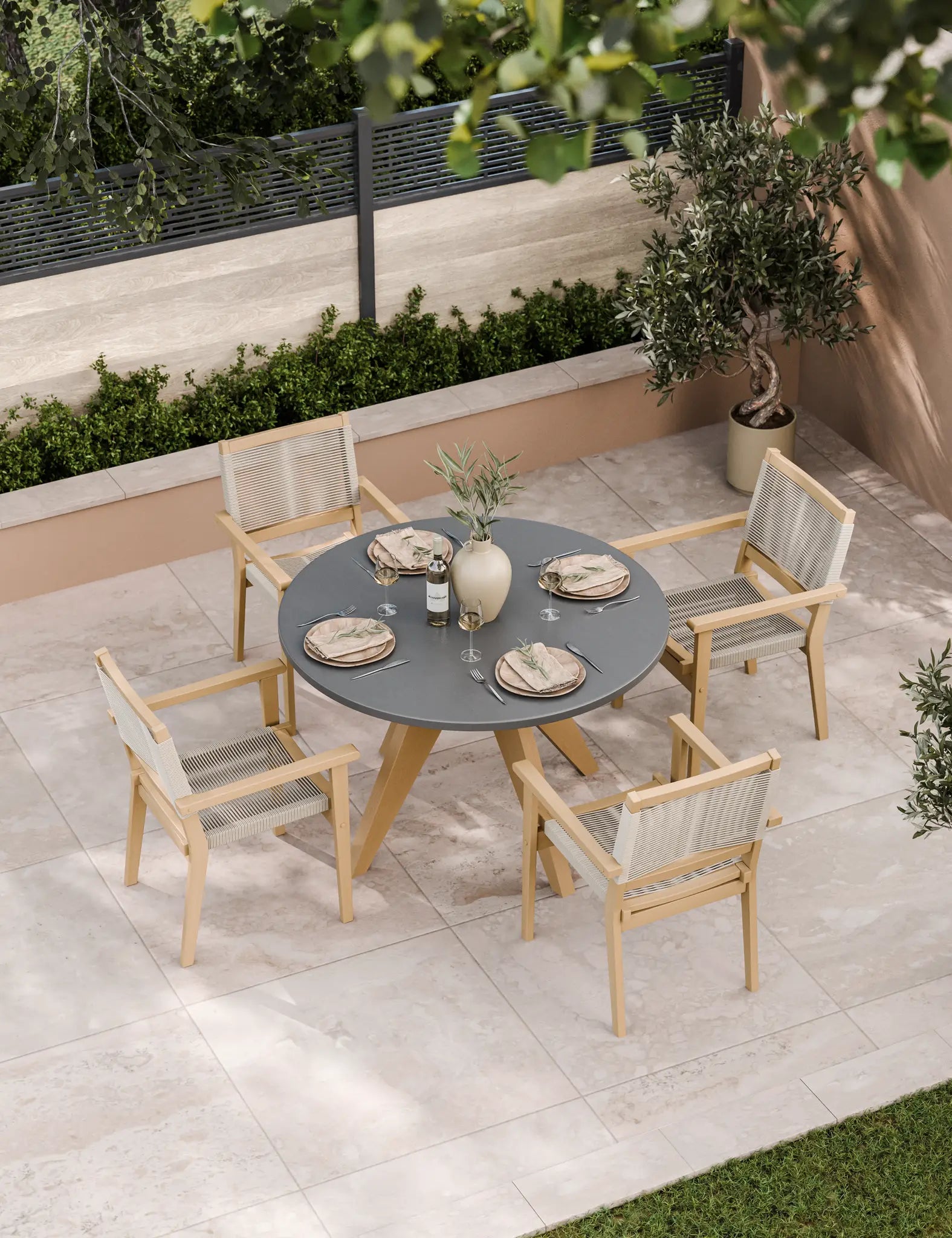 4‚Äö√Ñ√´seater round patio dining set, wooden frame and rope chairs