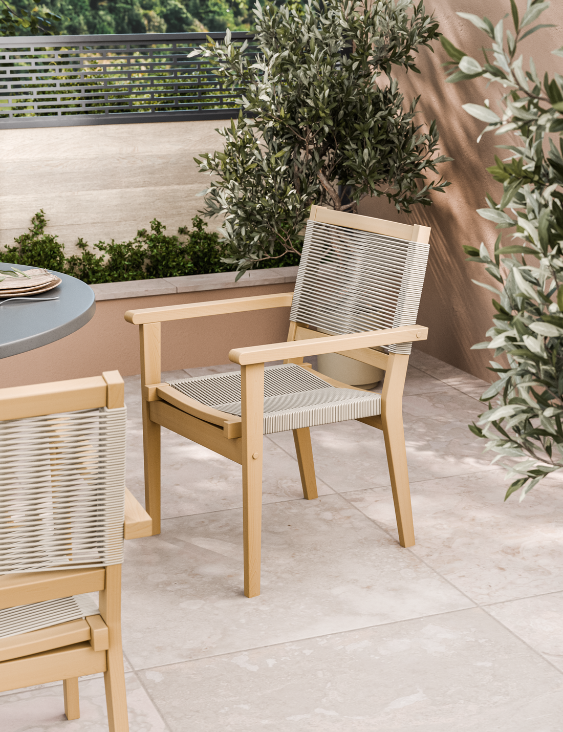 Luna 4 Seater Round Concrete Dining Set with Roma Rope Stacking Chairs