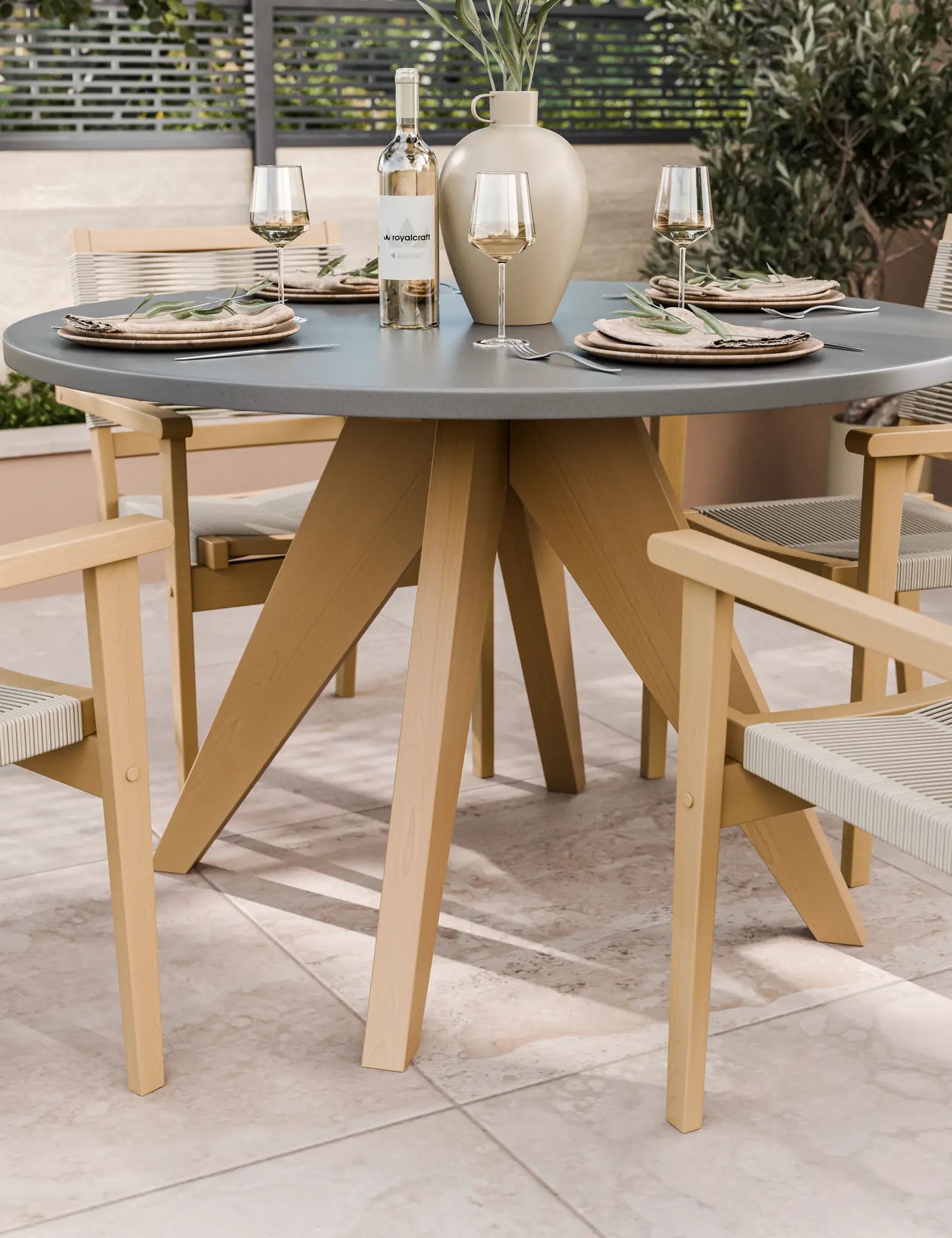 Luna 4 Seater Round Concrete Dining Set with Roma Rope Stacking Chairs