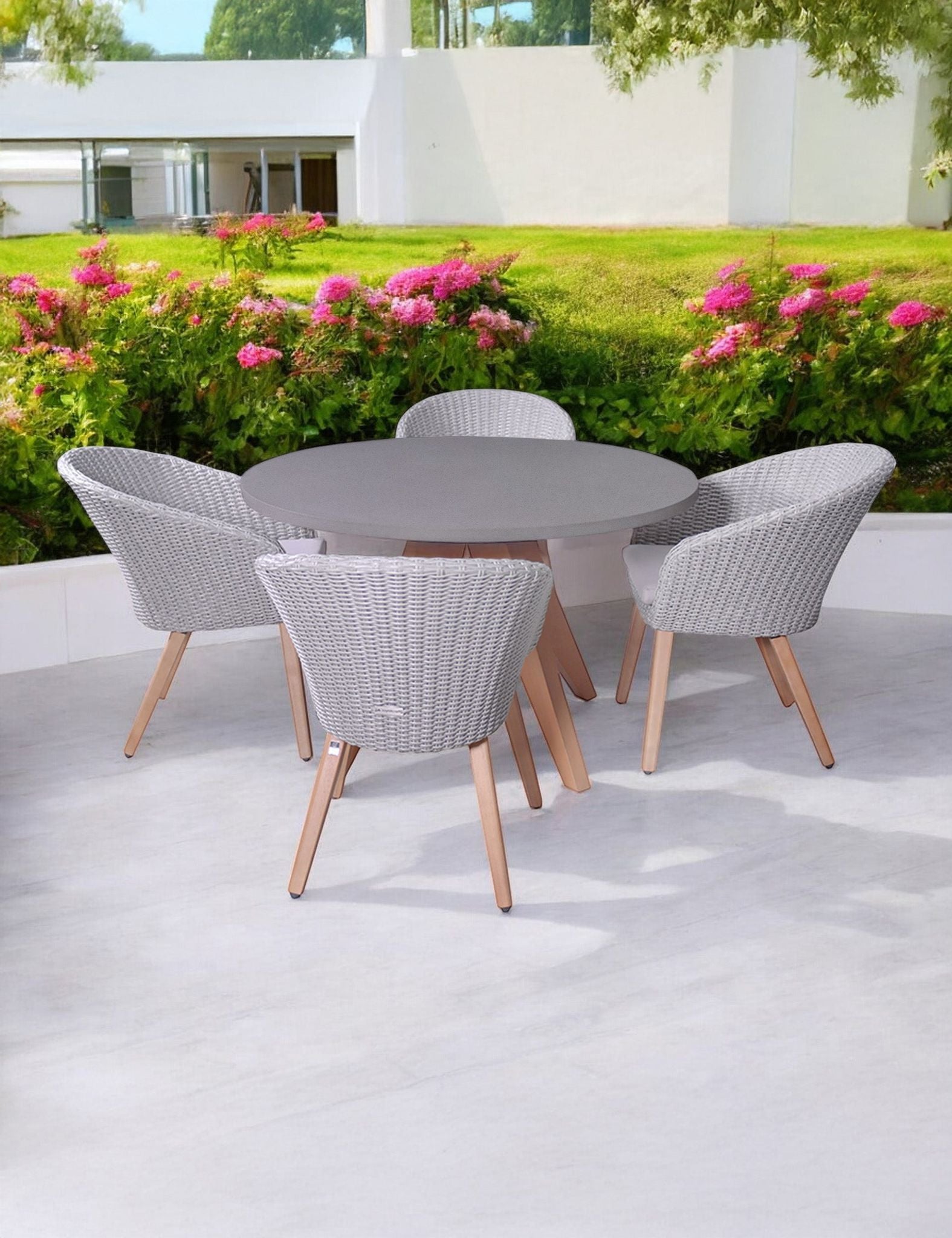 Image of Luna 4 Seater Round Concrete Dining Set with Sol Rattan Dining Chairs