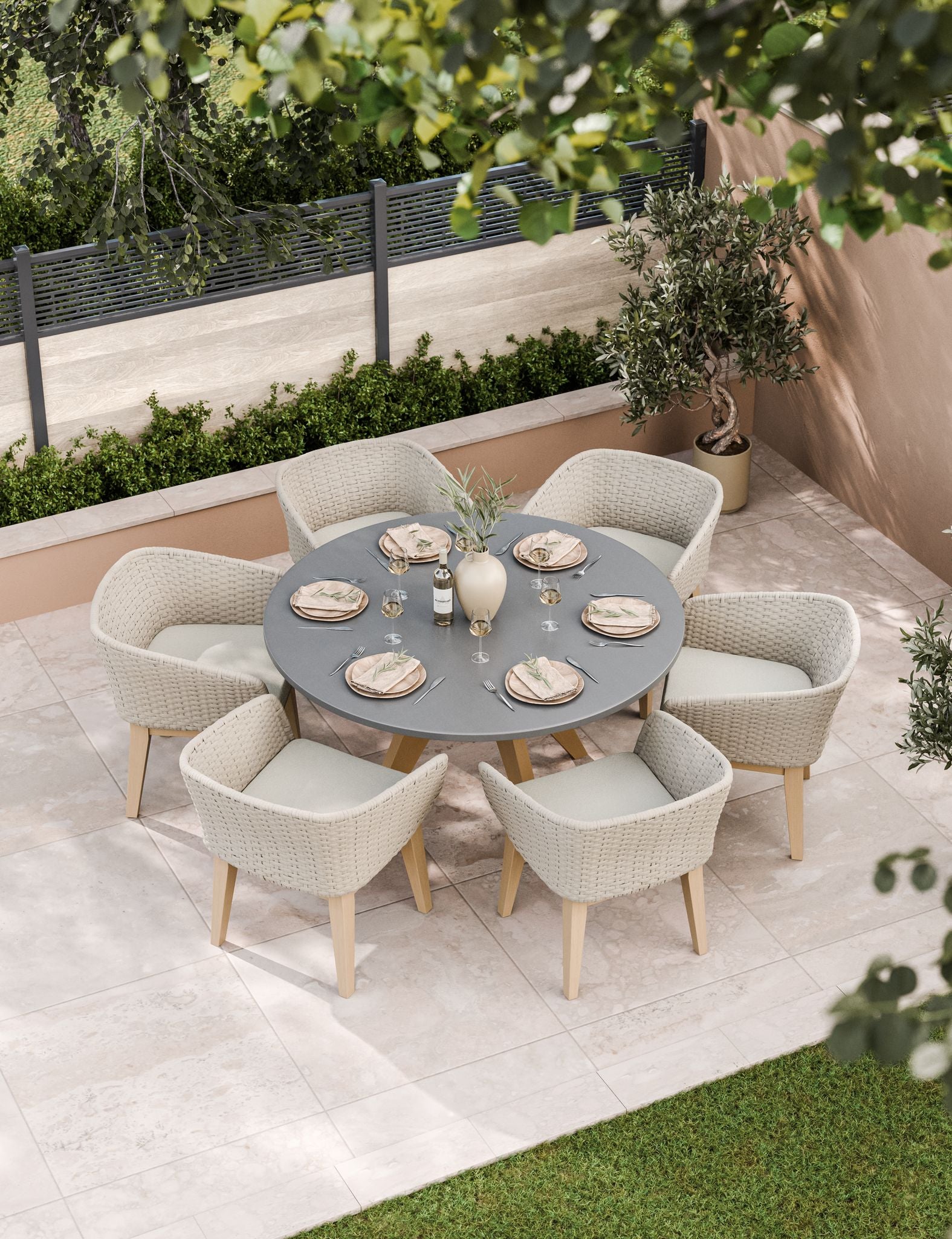 Image of 6‚Äëseater garden dining set with cushioned armchairs