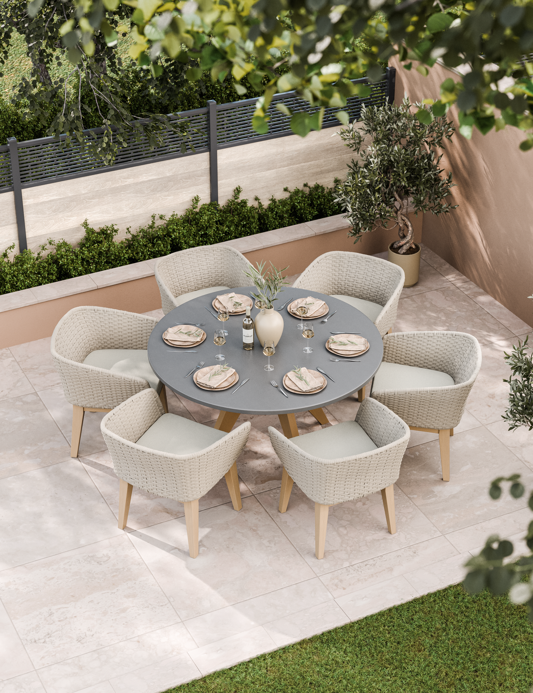 6‑seater garden dining set with cushioned armchairs