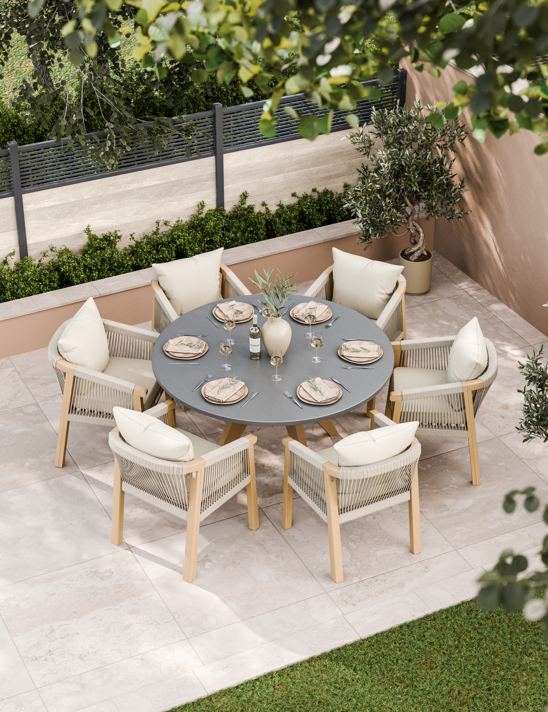 Rope‑weave round dining set with six chairs on tiled patio