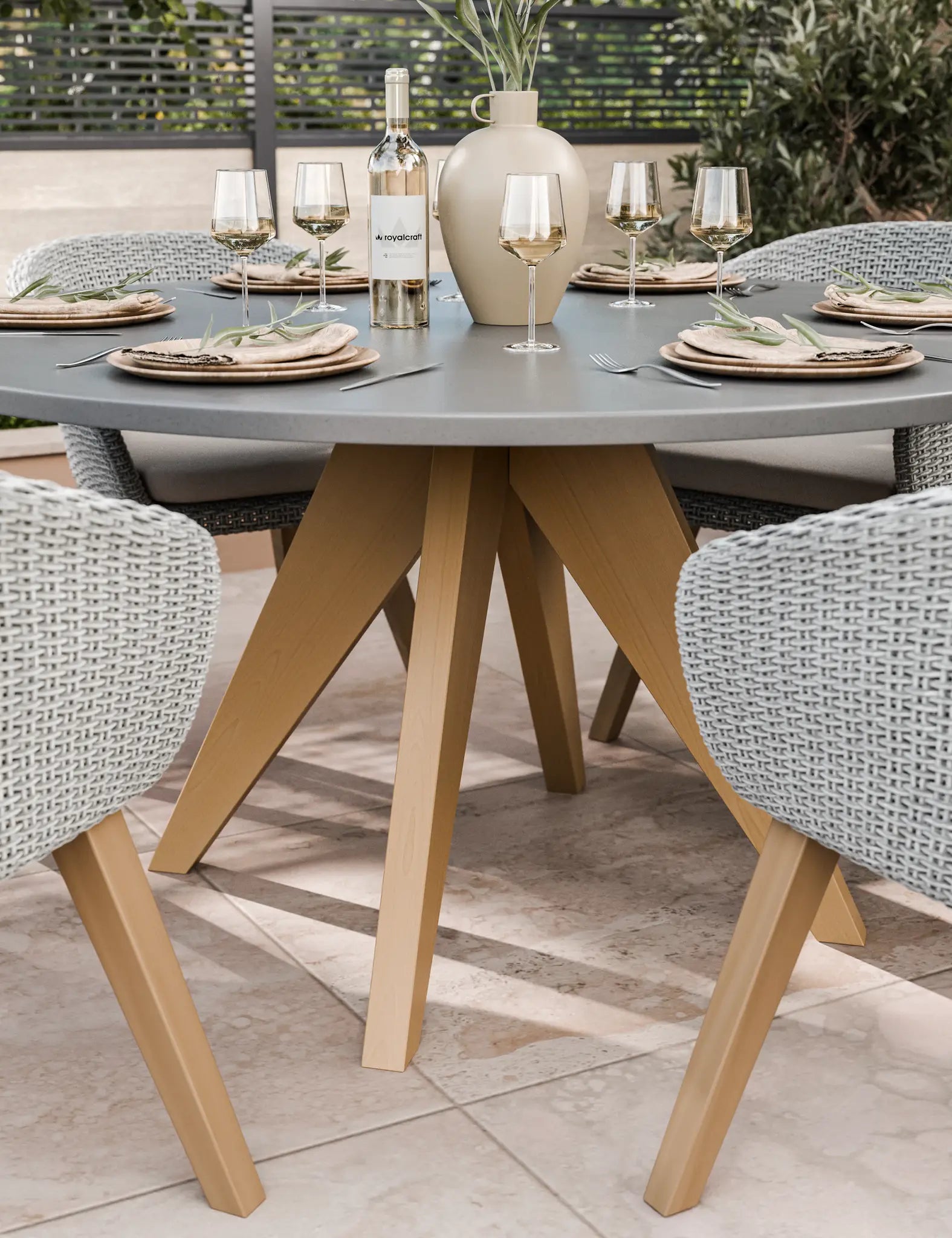 Image of Luna 4 Seater Round Concrete Dining Set with Sol Rattan Dining Chairs