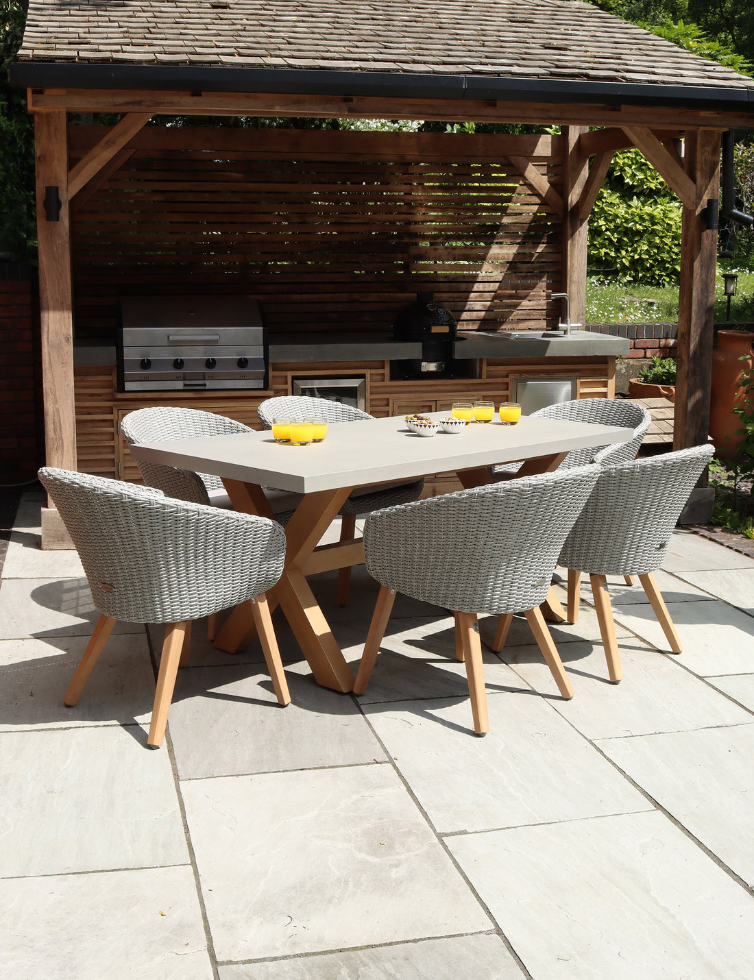 Luna Rectangular Concrete Dining Set with 6 Sol Rattan Dining Chairs