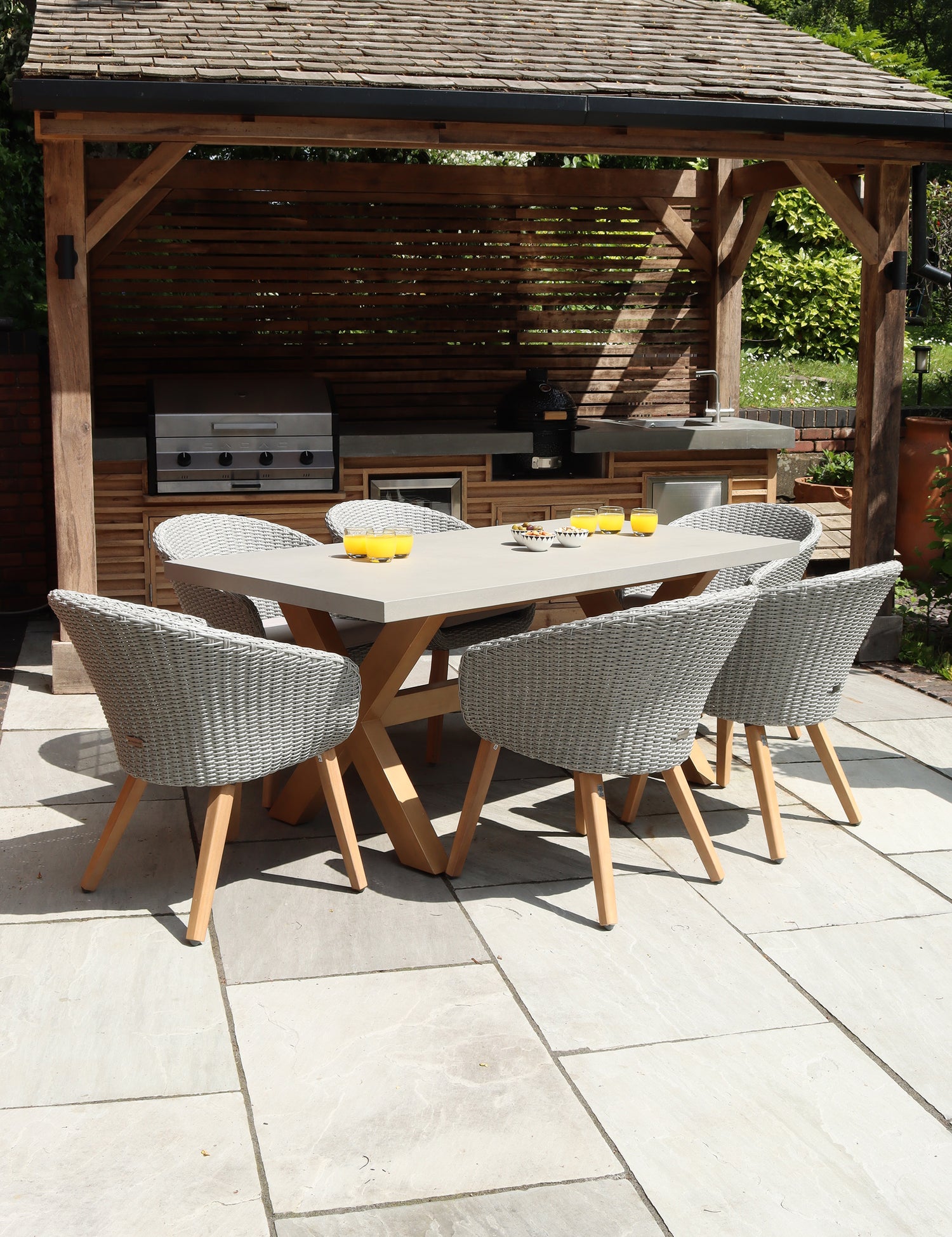Luna Rectangular Concrete Dining Set with 6 Sol Rattan Dining Chairs