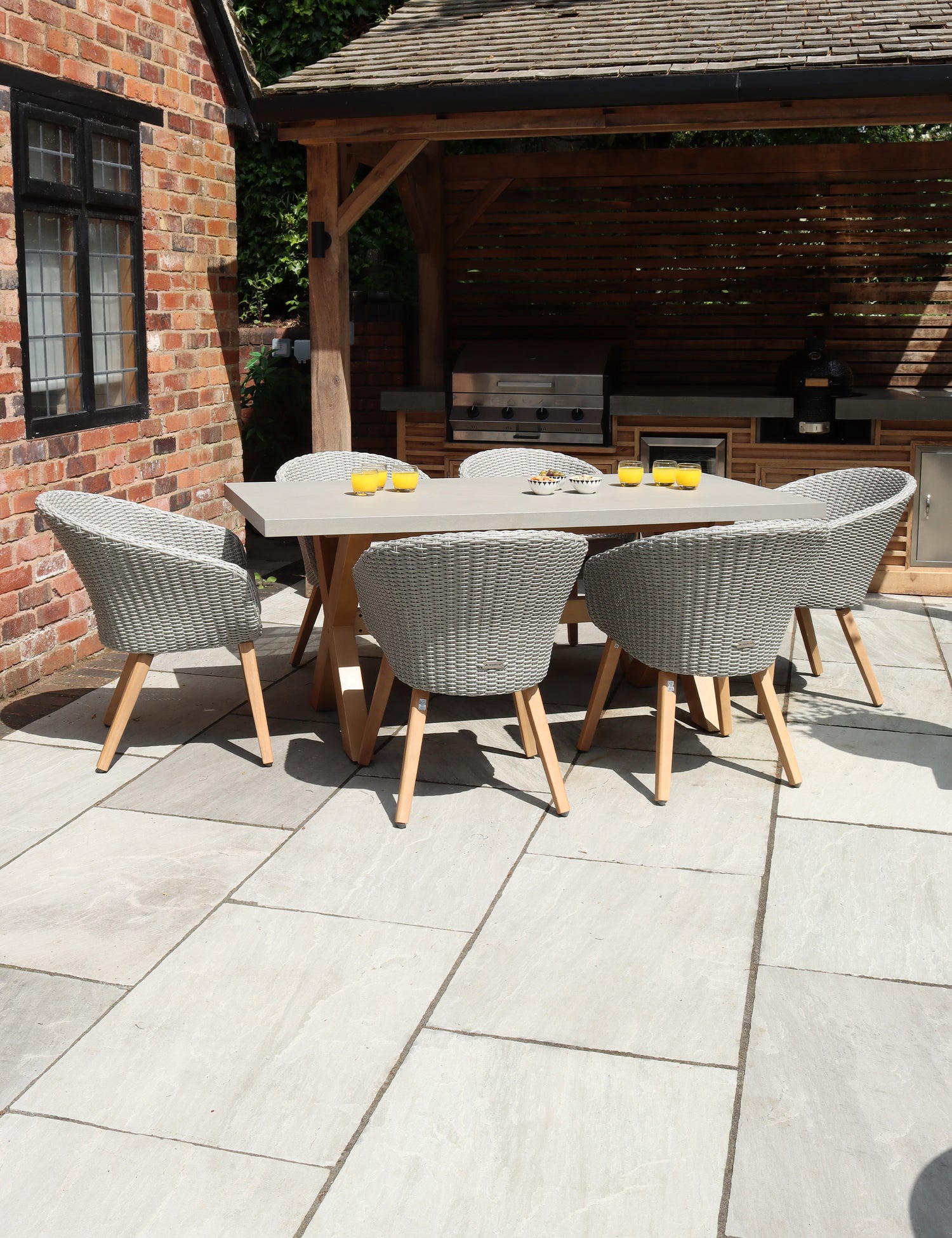 Luna Rectangular Concrete Dining Set with 6 Sol Rattan Dining Chairs