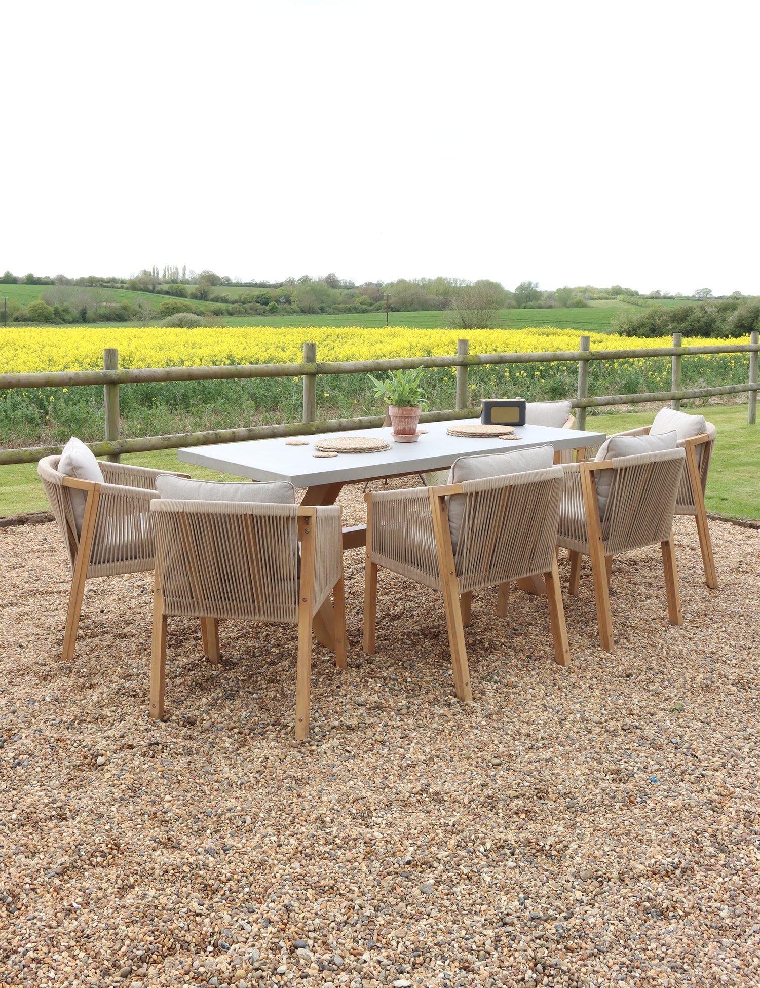 Luna 6 Seater Rectangular Concrete Dining Set with Roma Rope Dining Chairs