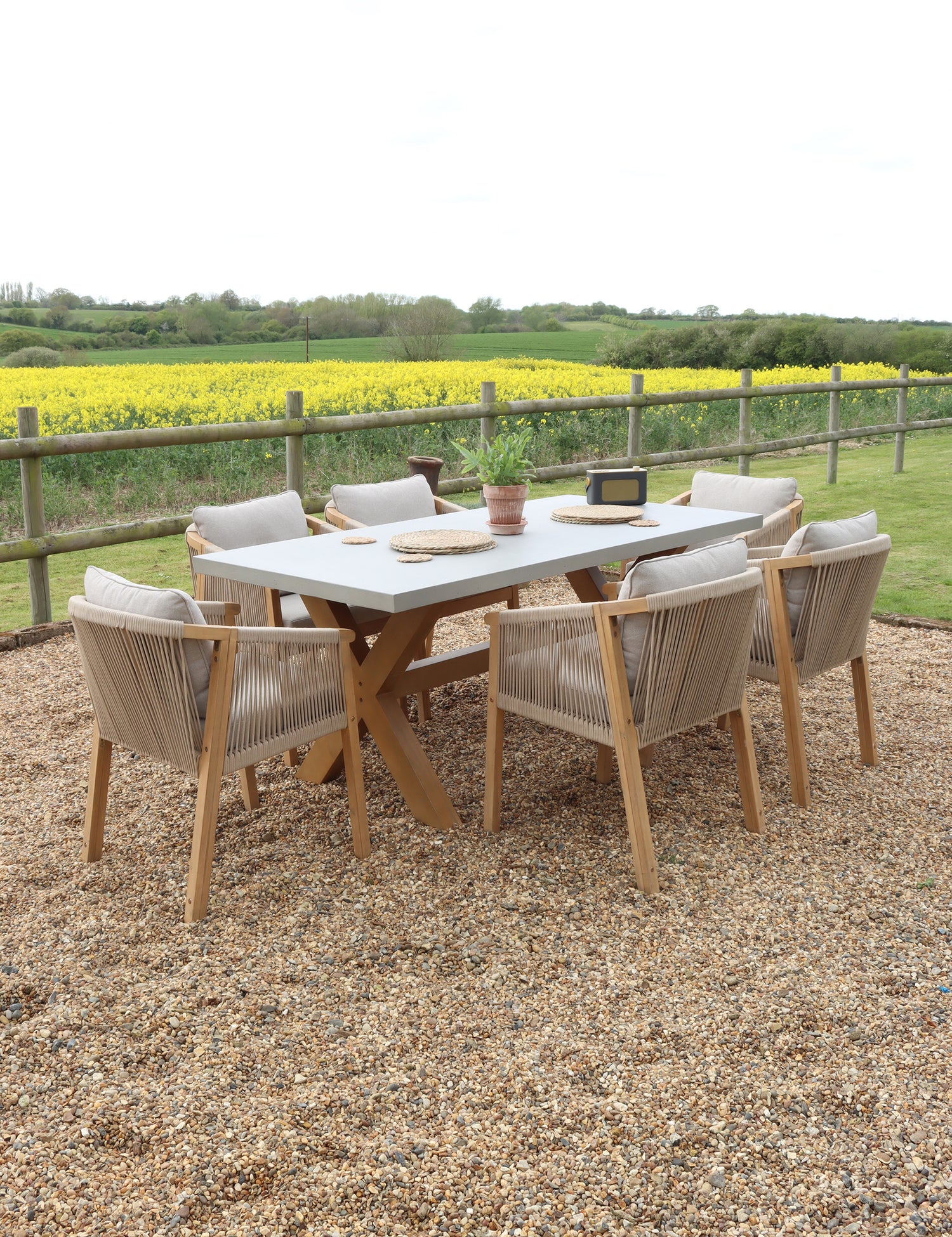 Luna 6 Seater Rectangular Concrete Dining Set with Roma Rope Dining Chairs