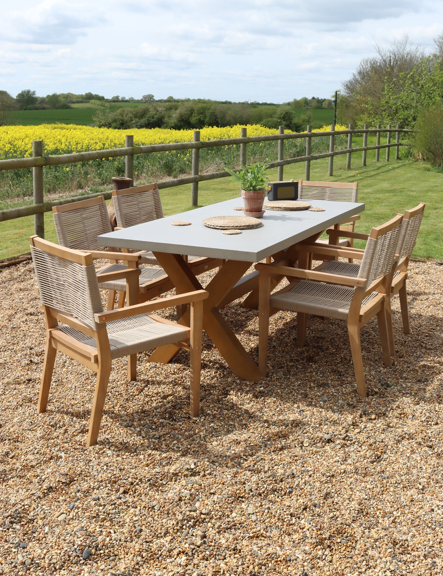 Luna 6 Seater Rectangular Concrete Dining Set with Roma Rope Stacking Chairs