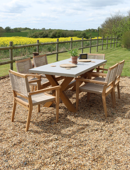 Luna 6 Seater Rectangular Concrete Dining Set with Roma Rope Stacking Chairs
