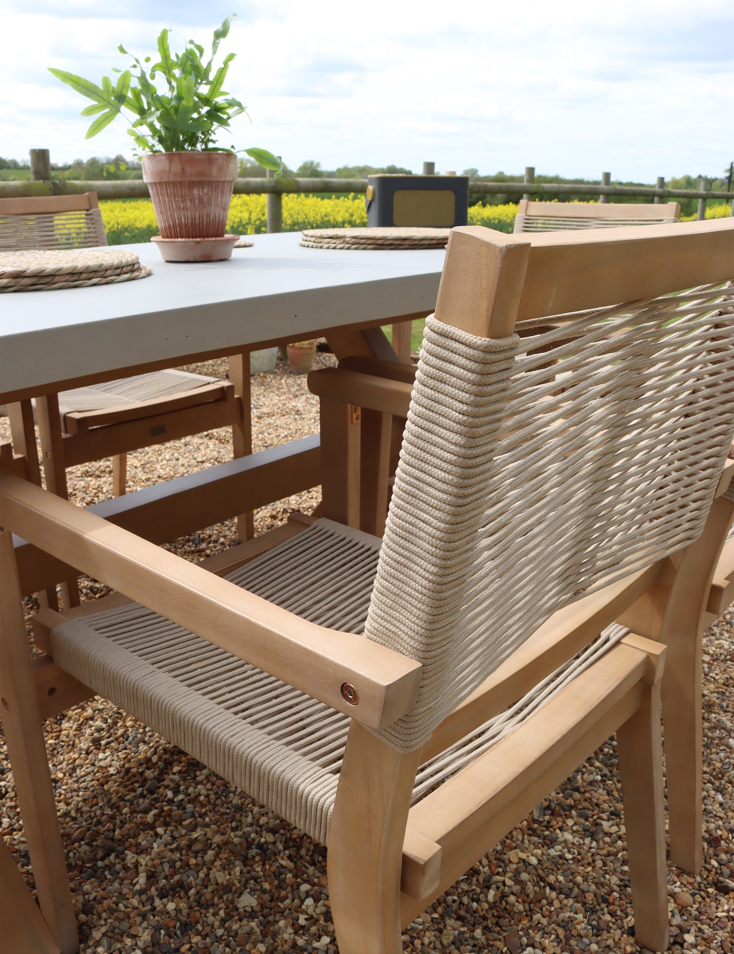 Luna 6 Seater Rectangular Concrete Dining Set with Roma Rope Stacking Chairs