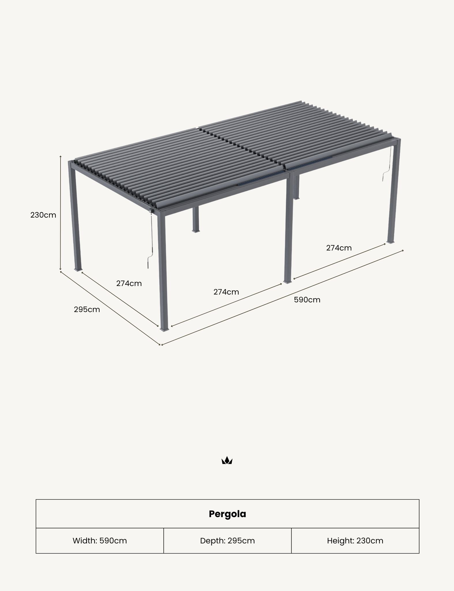 Image of A pergola structure shown in an isometric line drawing with dimension labels, plus a summary table at the bottom listing width, depth, and height.
