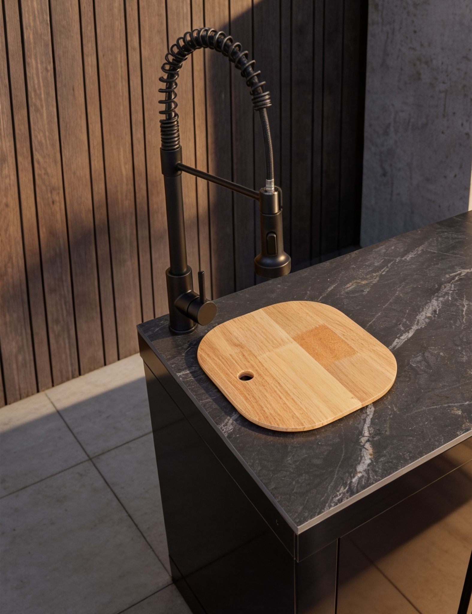 Image of A modern kitchen scene with a dark charcoal stone countertop, a black gooseneck faucet, and a round wooden cutting board resting on the counter.
