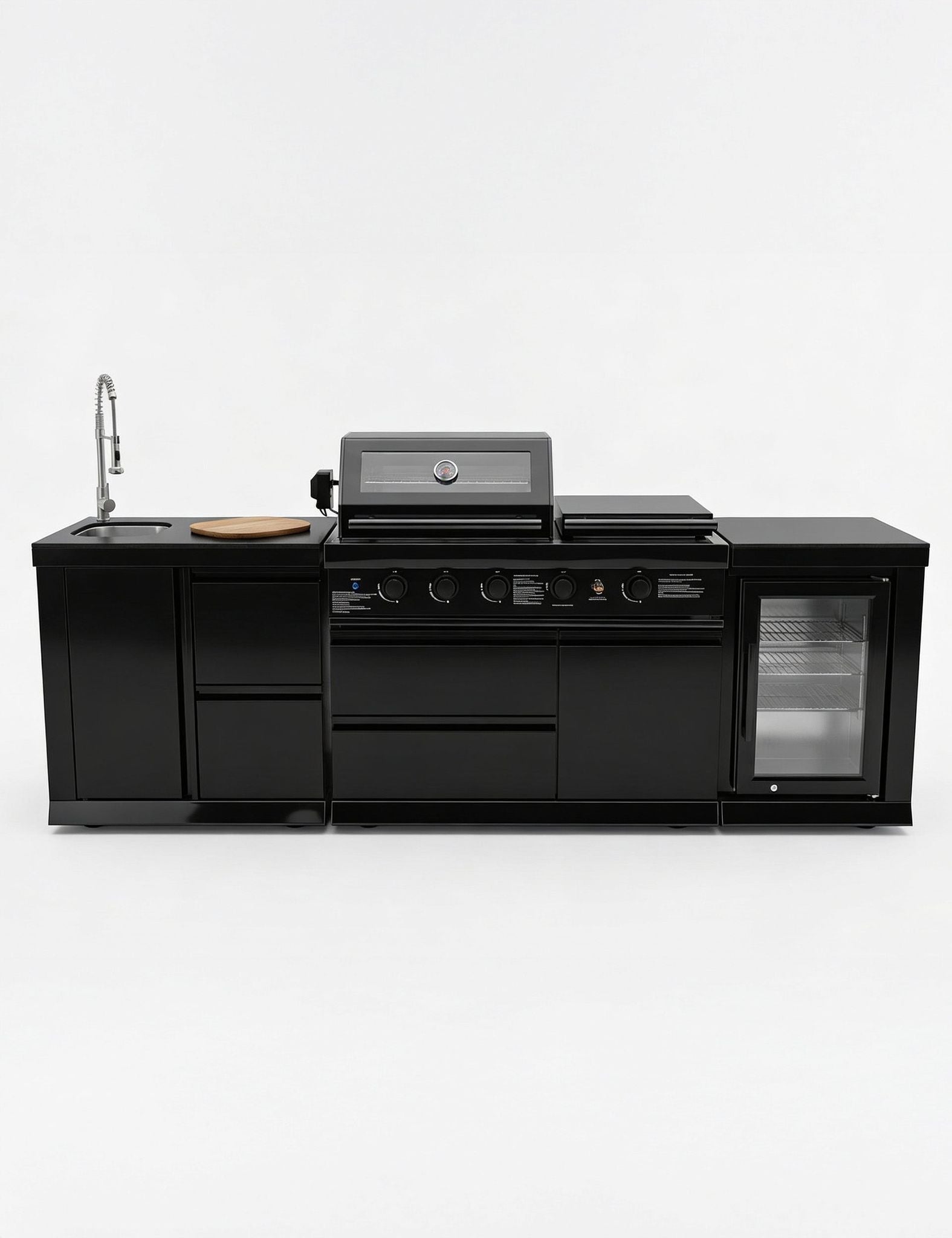 Image of A black outdoor kitchen island set with a built-in gas grill, flat top, sink with chrome faucet, side storage, and a glass-door refrigerator, shown on a light gray studio background.