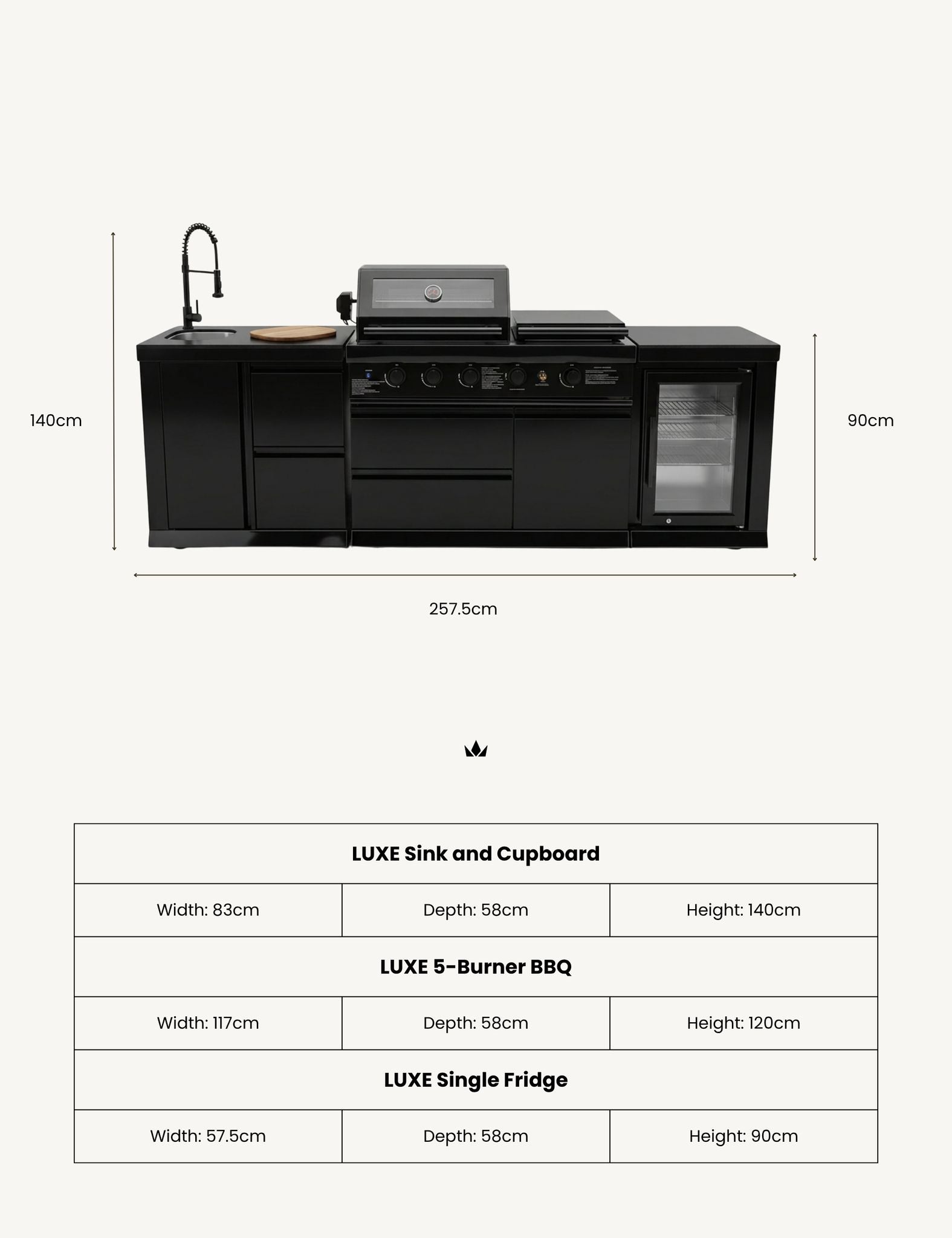 Image of Black outdoor kitchen island set with sink, built-in grill, cooktop, and glass-door refrigerator, shown with dimension lines and a size table below on a light gray background.