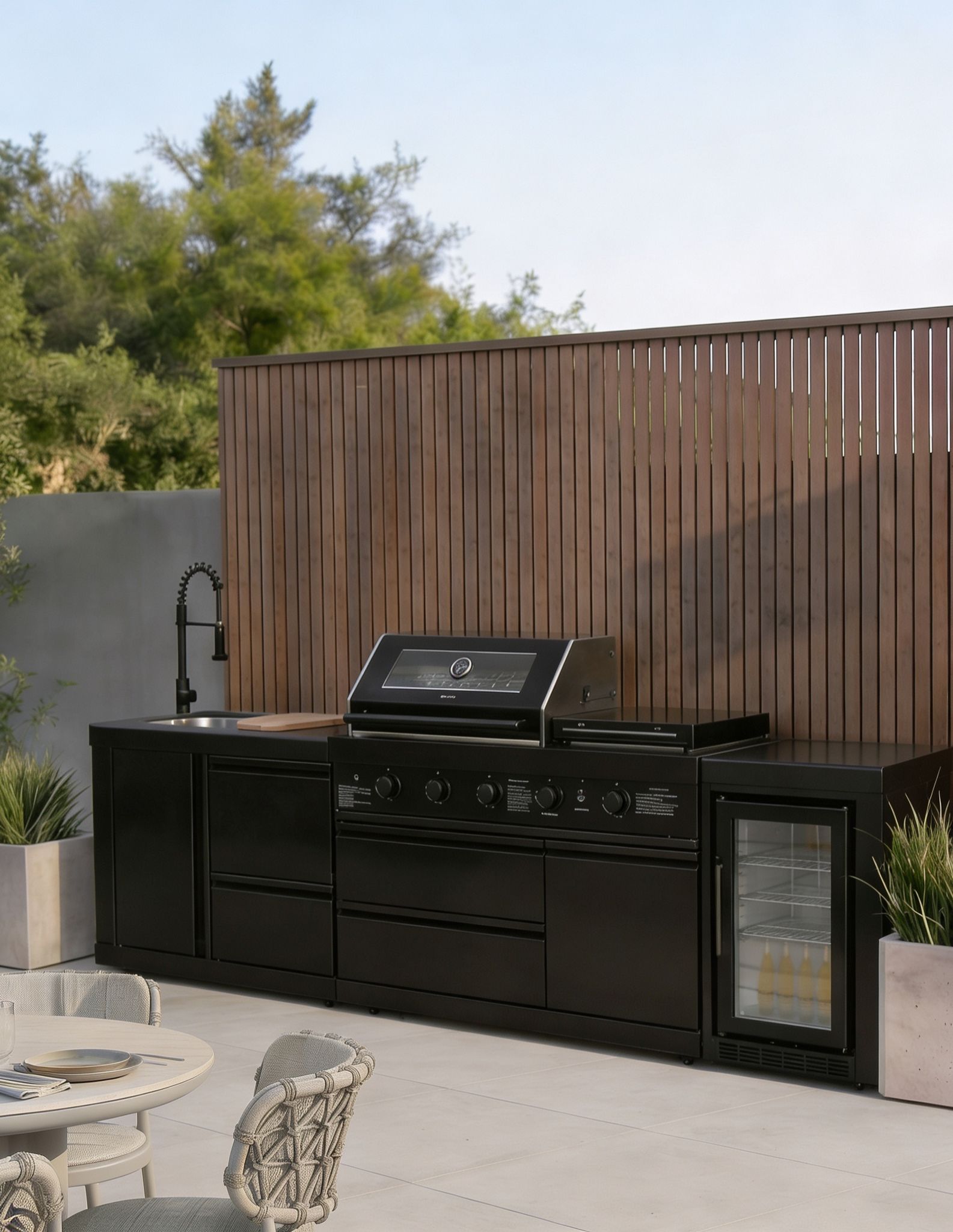 Image of Outdoor kitchen island set with a black gas grill, sink, storage cabinets, and a small glass-door refrigerator, installed against a wood slat wall on a patio.